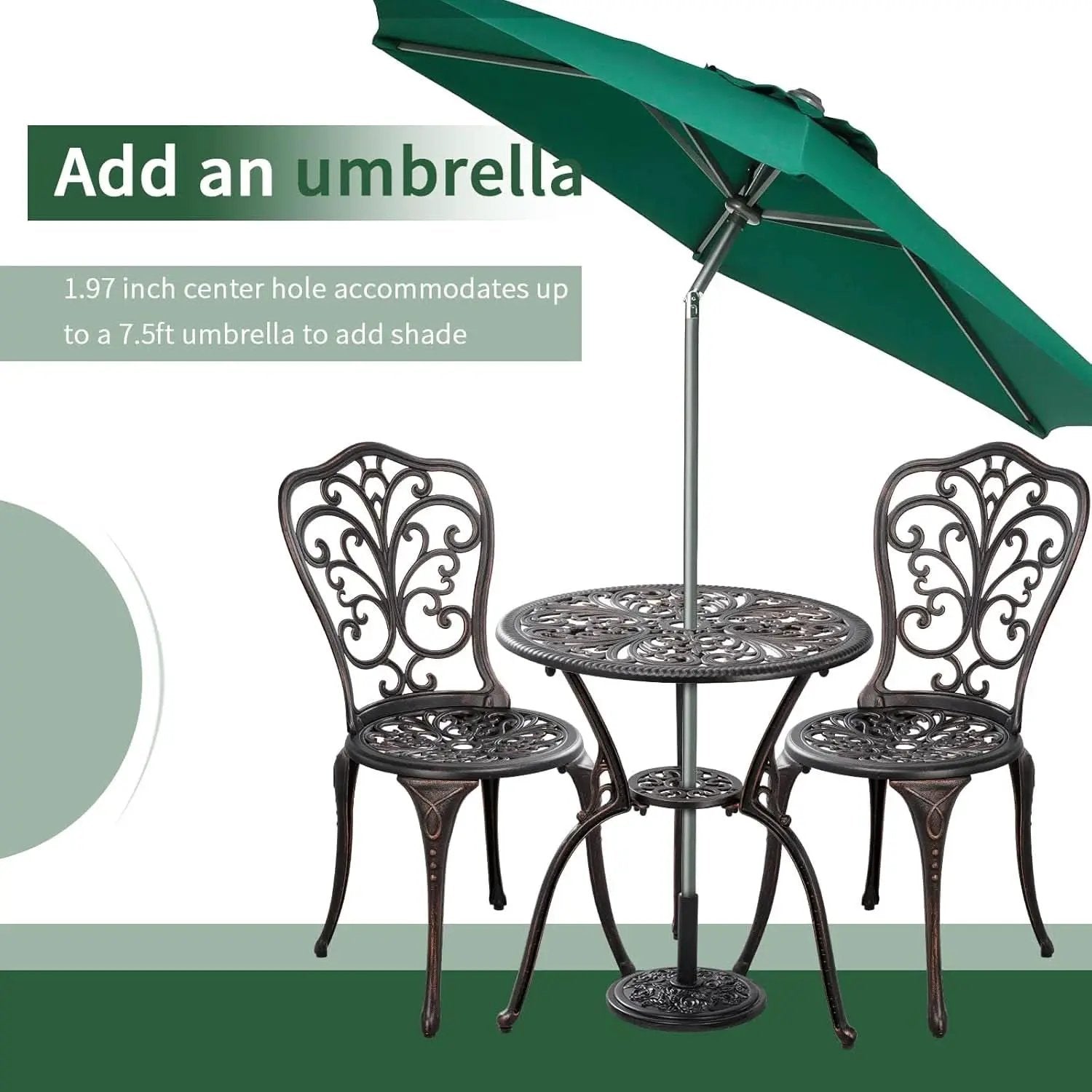 3 Piece Cast Aluminum Outdoor Patio Bistro Set With Umbrella Hole In Brown All Weather Durable from PriceLows™