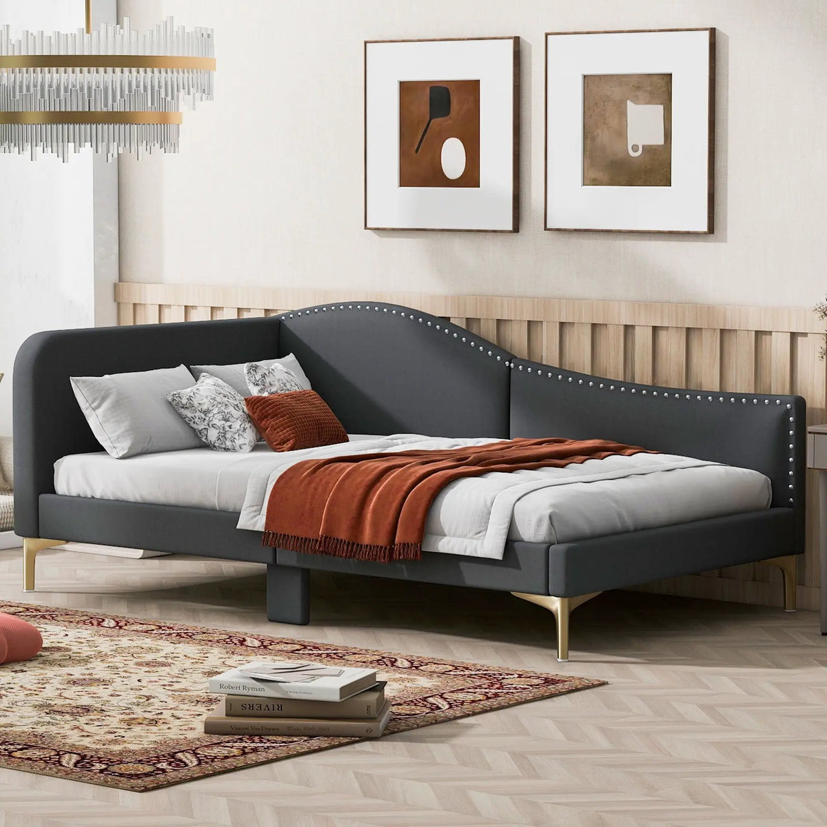 Upholstered Daybed | Headboard And Armrest | Support Legs | 80.5 Inch Length