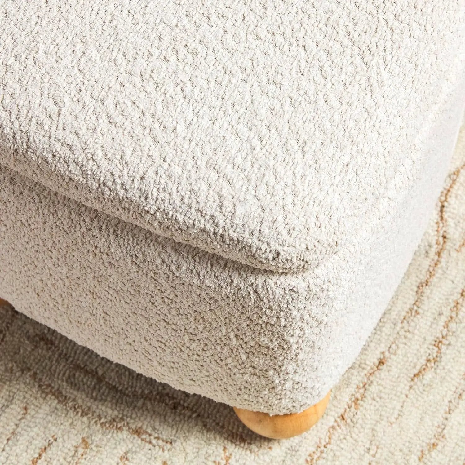 Ivory Luxurious Storage Bouclé Ottoman Wooden Legs from PriceLows™