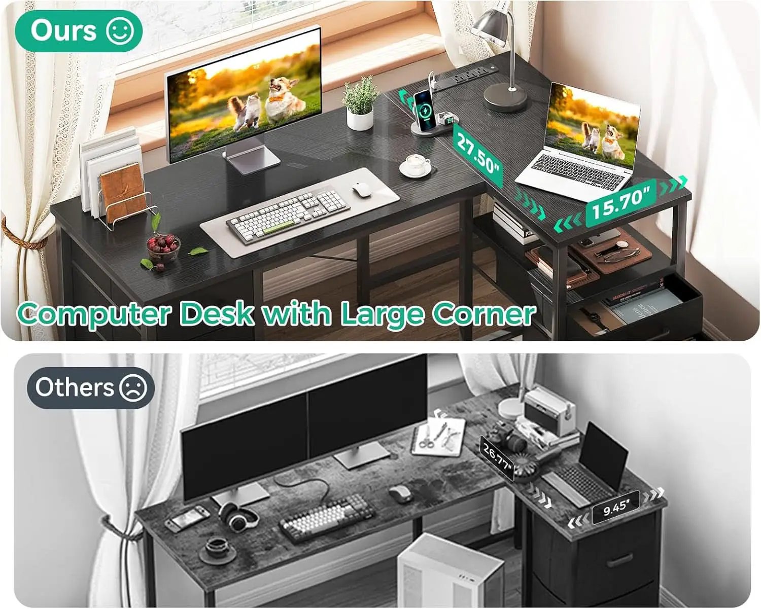 L Shaped Computer Desk 55 Inch With 6 Drawers Home Office from PriceLows™