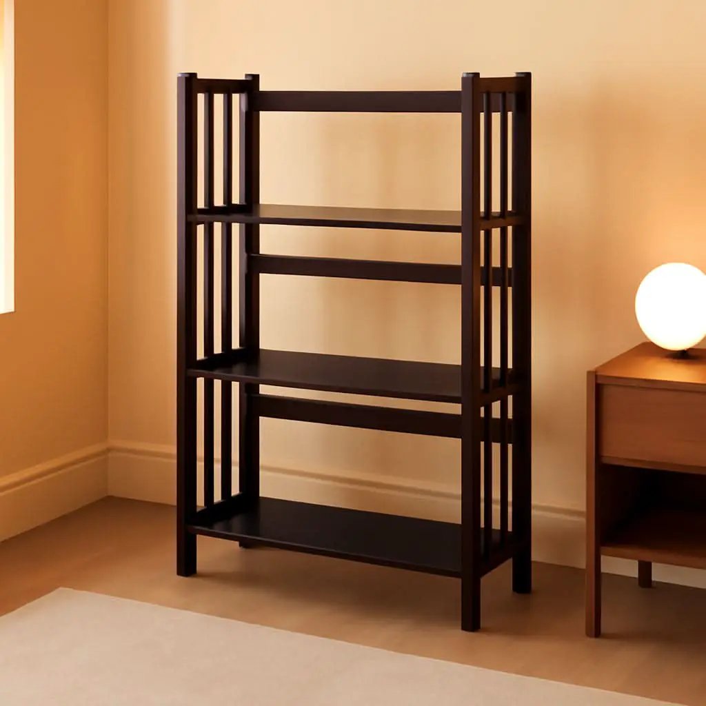 Three Shelf Folding Stackable Bookcase 27.5 Inch Wide Espresso Wood Home Office Storage from PriceLows™