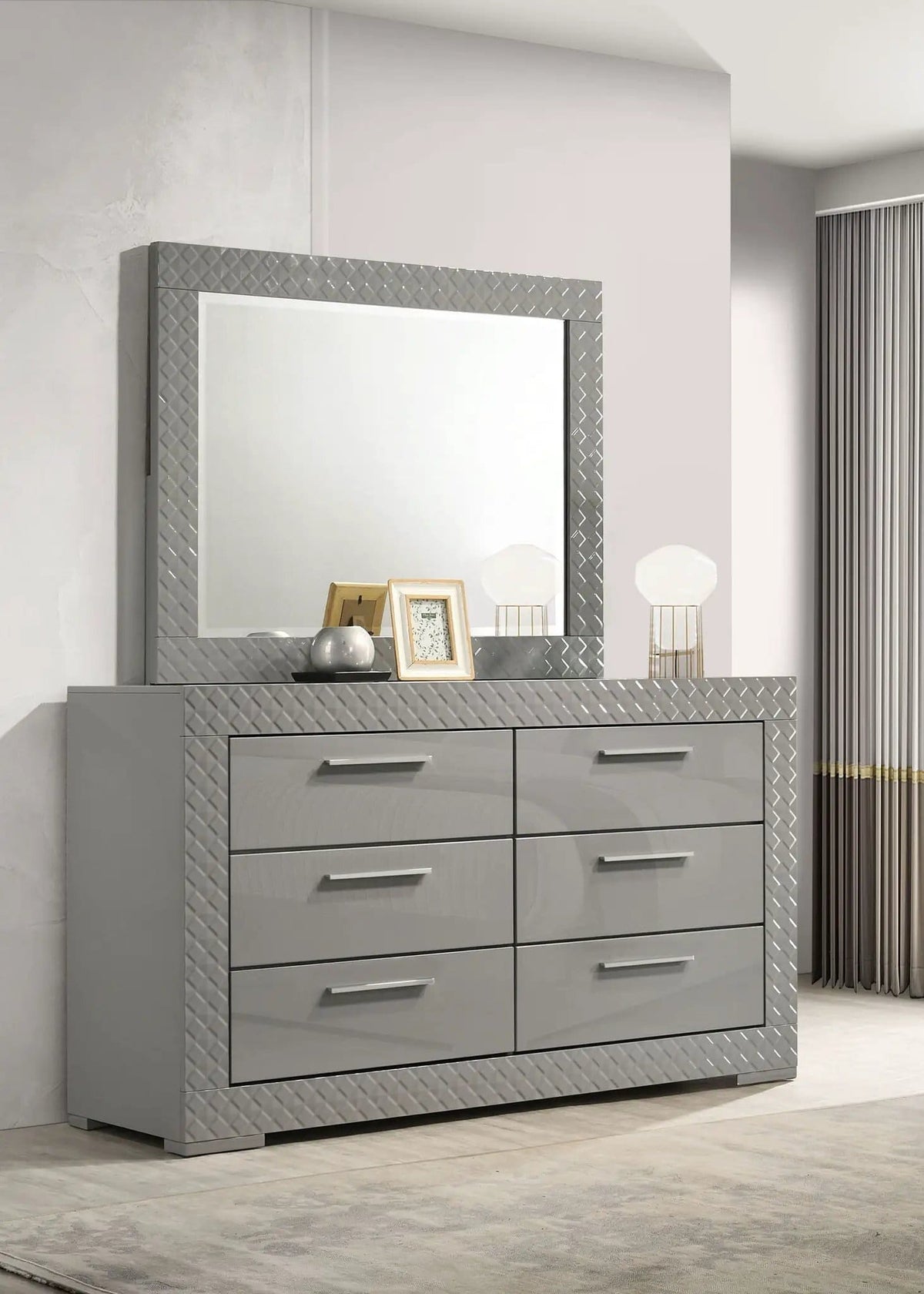 Ives 6-drawer Dresser and Mirror Grey High Gloss | 63 x 18 x 74 in | 6-Drawer | Bedroom