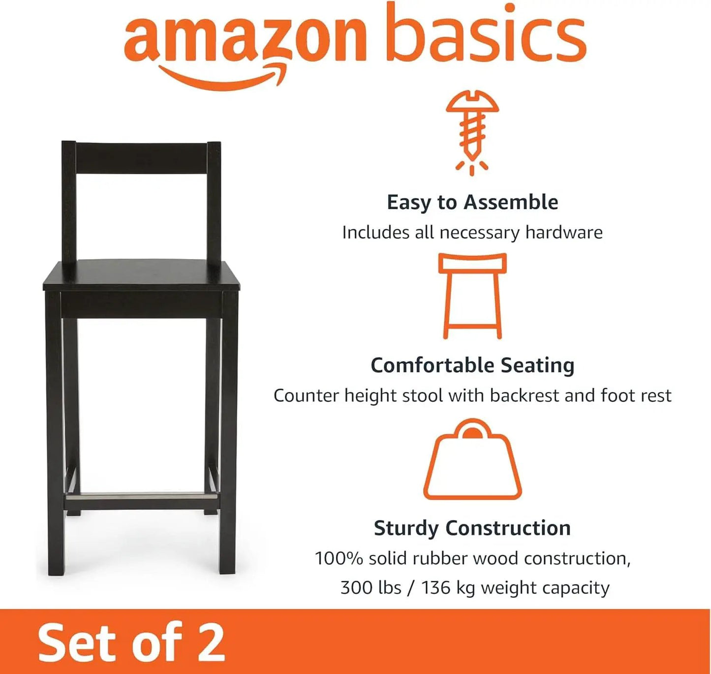 Black Wooden Bar Stools With Backrests Counter Height Set Of 2 from PriceLows™
