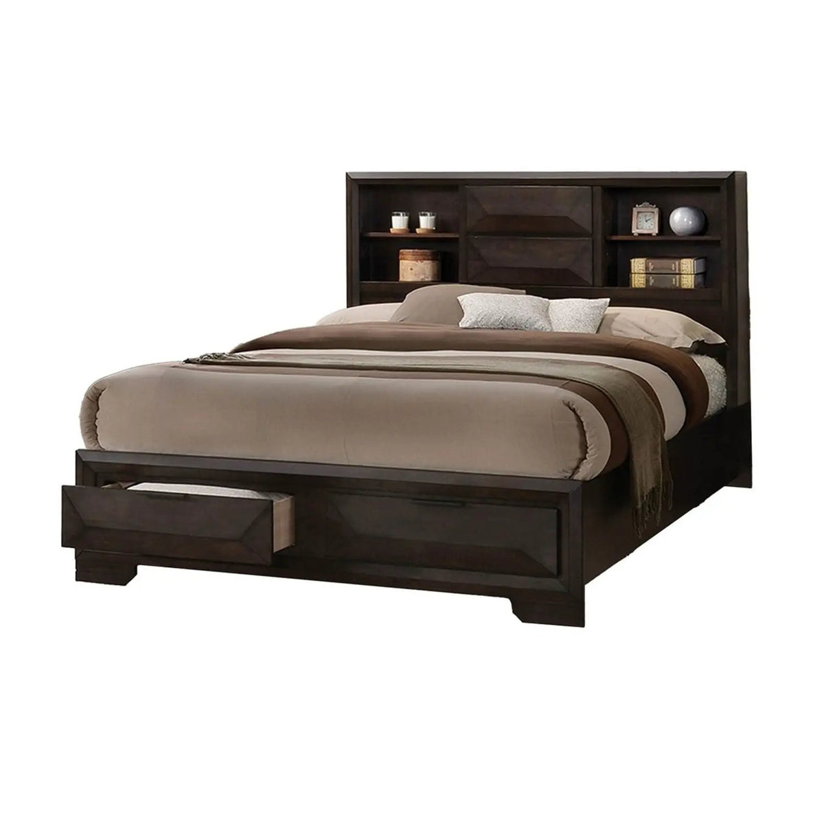 Storage Bed With Bookcase Headboard | Footboard Storage | Transitional Style | Solid And Engineered Wood