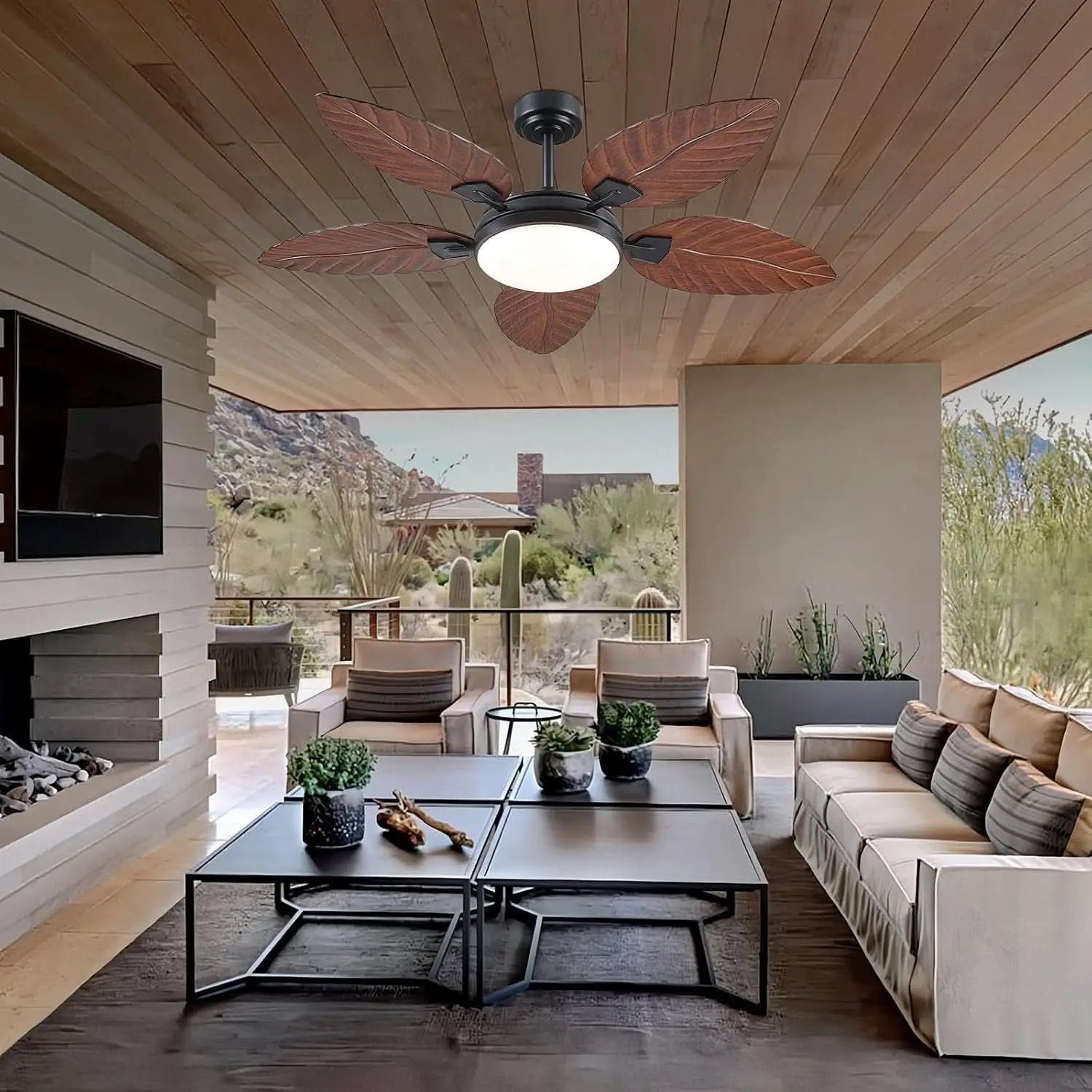 52 Inch Outdoor Palm Leaf Ceiling Fan With Dimmable LED from PriceLows™