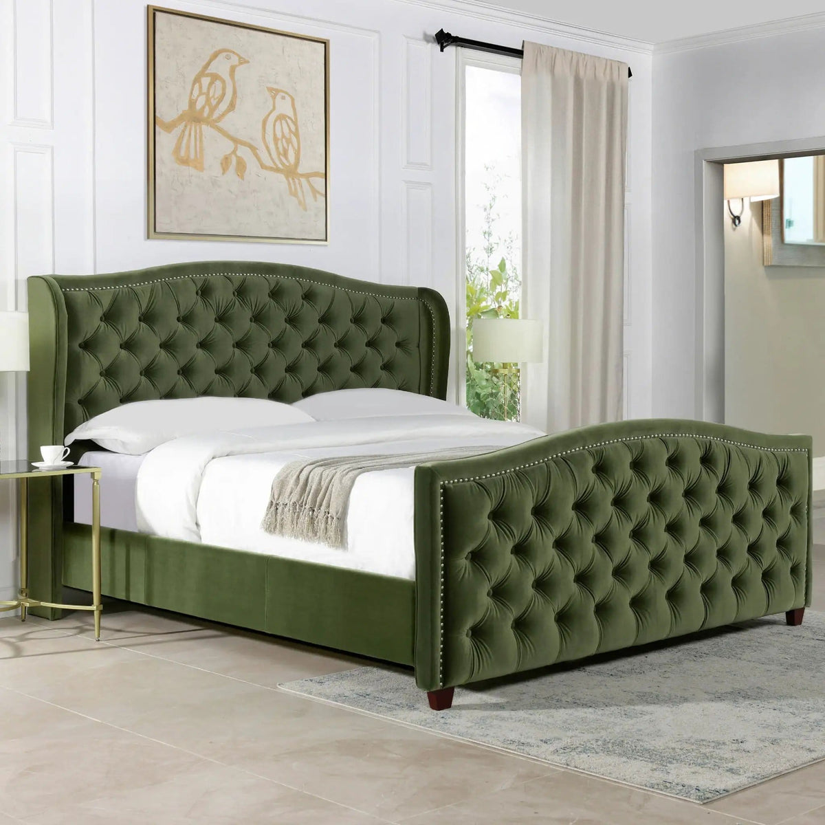Marcella Upholstered Shelter Headboard Bed | 5 Pieces | Fabric & Iron | Bedroom
