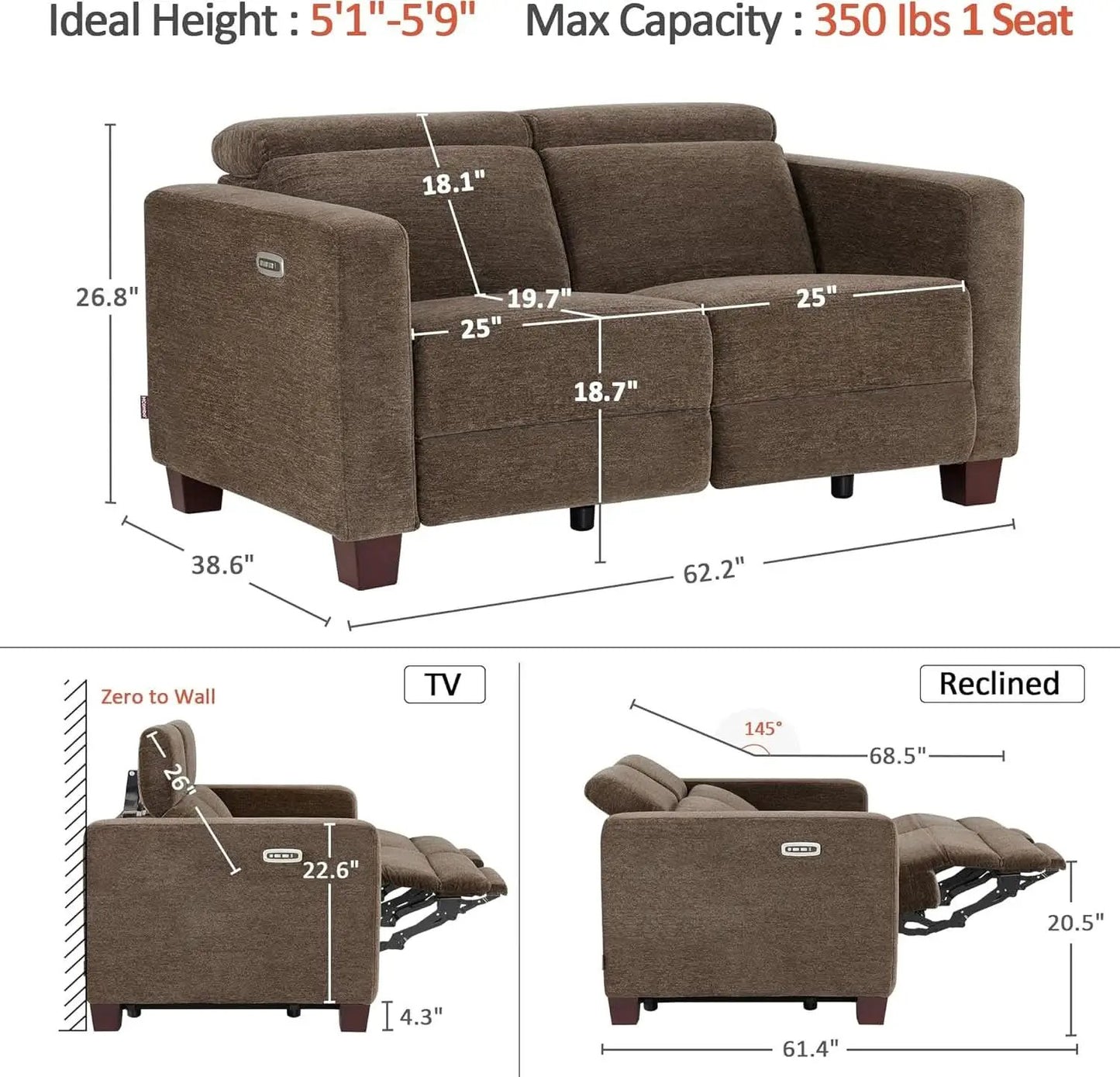 62.2 Inch Wall Hugger Power Loveseat Recliner with Adjustable Headrest and USB Ports in Coffee Fabric from PriceLows™