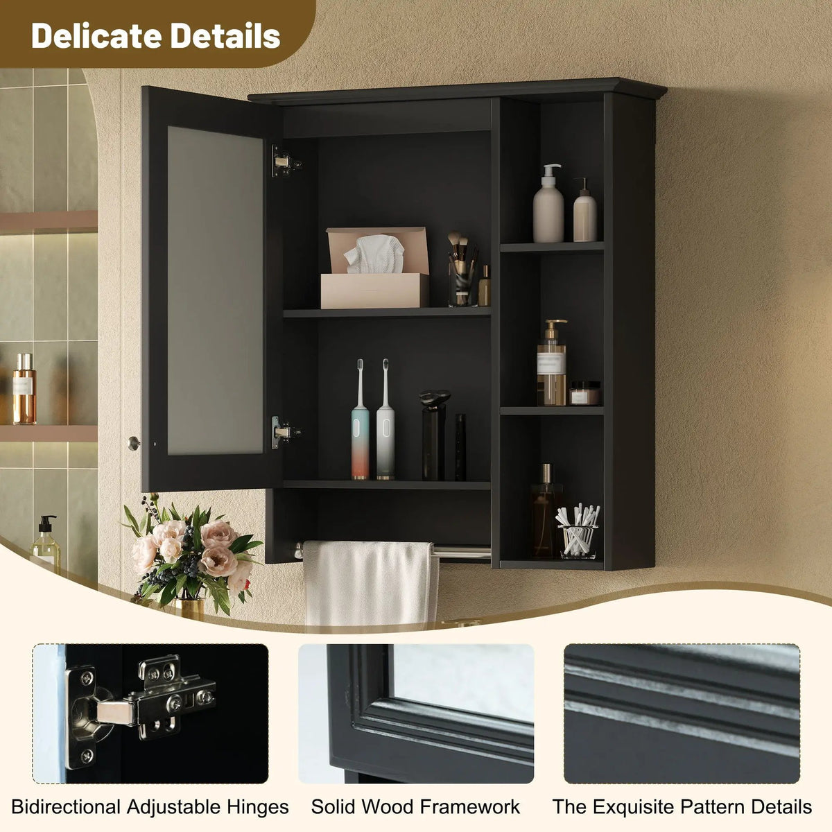 3-In-1 Bathroom Mirror Cabinet | Adjustable Shelf | Towel Bar | Full-Length Mirror