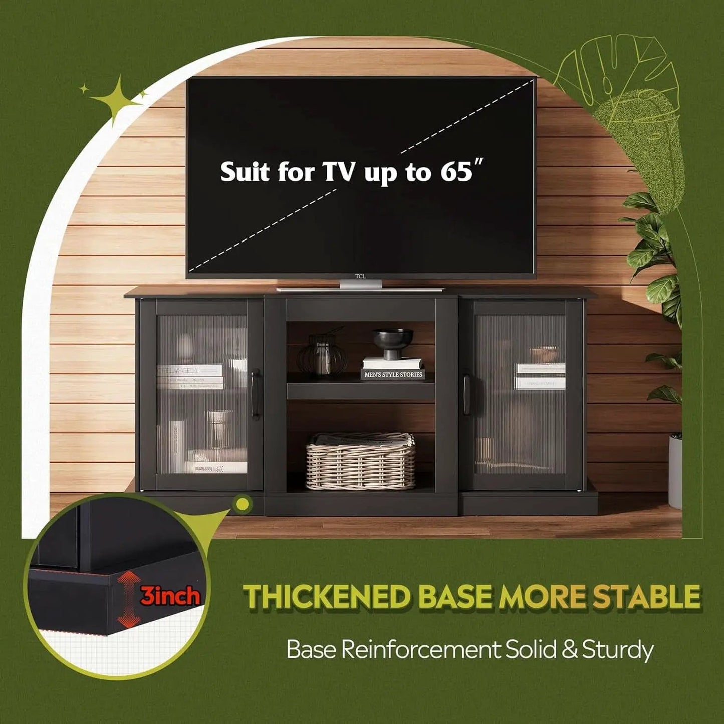 Retro TV Stand For 65 Inch TV With Storage And Open Shelves Black from PriceLows™