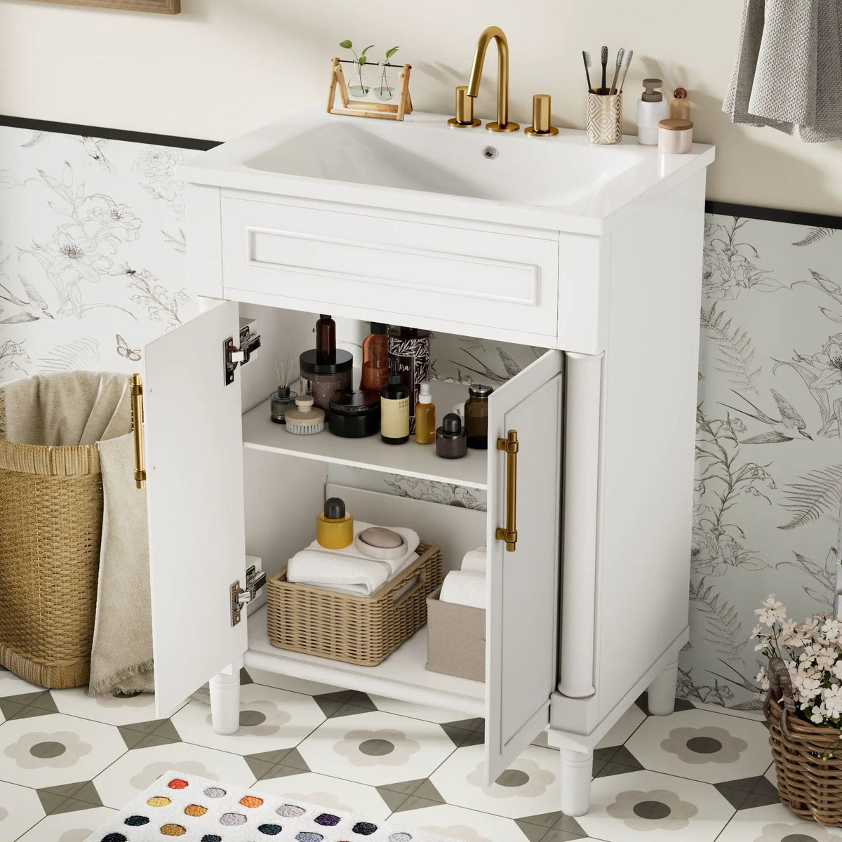 24 Inch Bathroom Vanity | Integrated Sink | 2 Door Cabinet | Small To Medium Bathrooms
