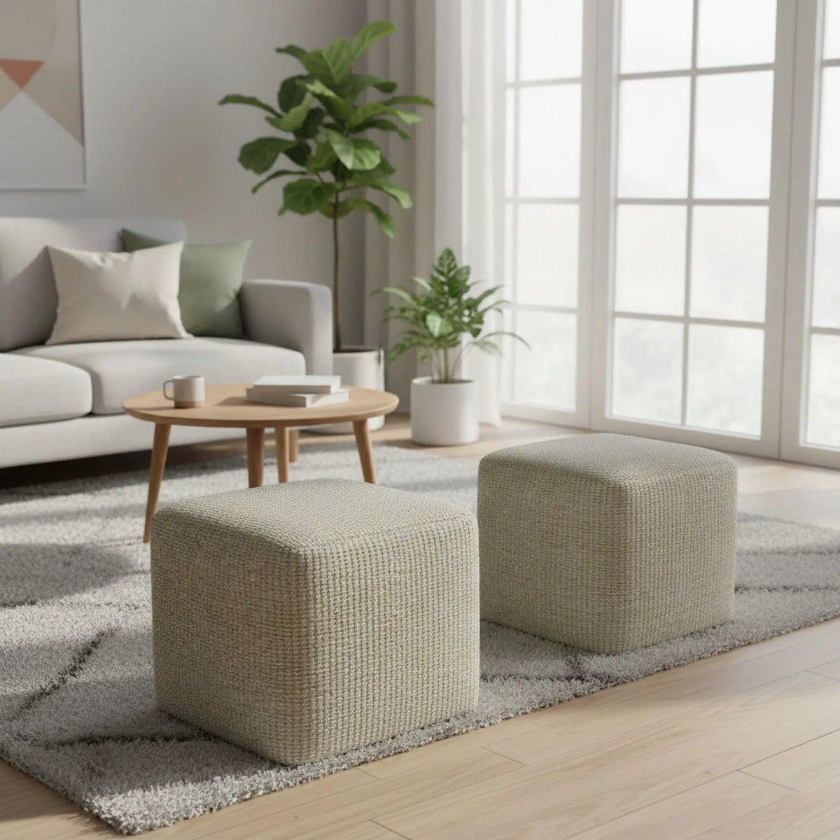 Zelma Square Woven Outdoor / Indoor Pouf | 18 x 18 x 18 in | Living Room Furniture | Silver
