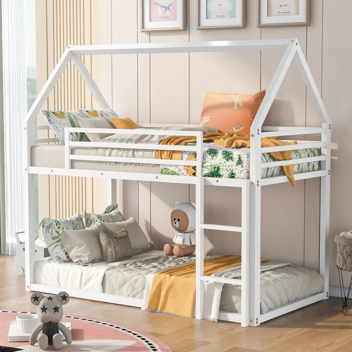 House Bunk Bed | With Built In Slide | Solid Metal Frame | Twin Over Twin