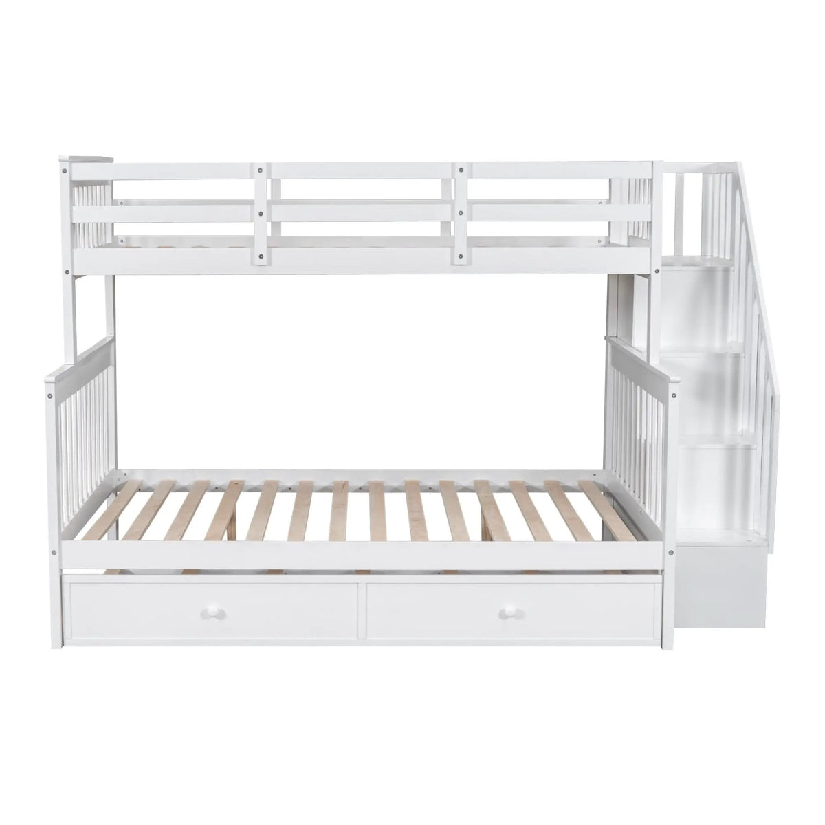 Twin Bunk Bed With Trundle | Hidden Stair Storage | Guard Rail | Bedroom Furniture
