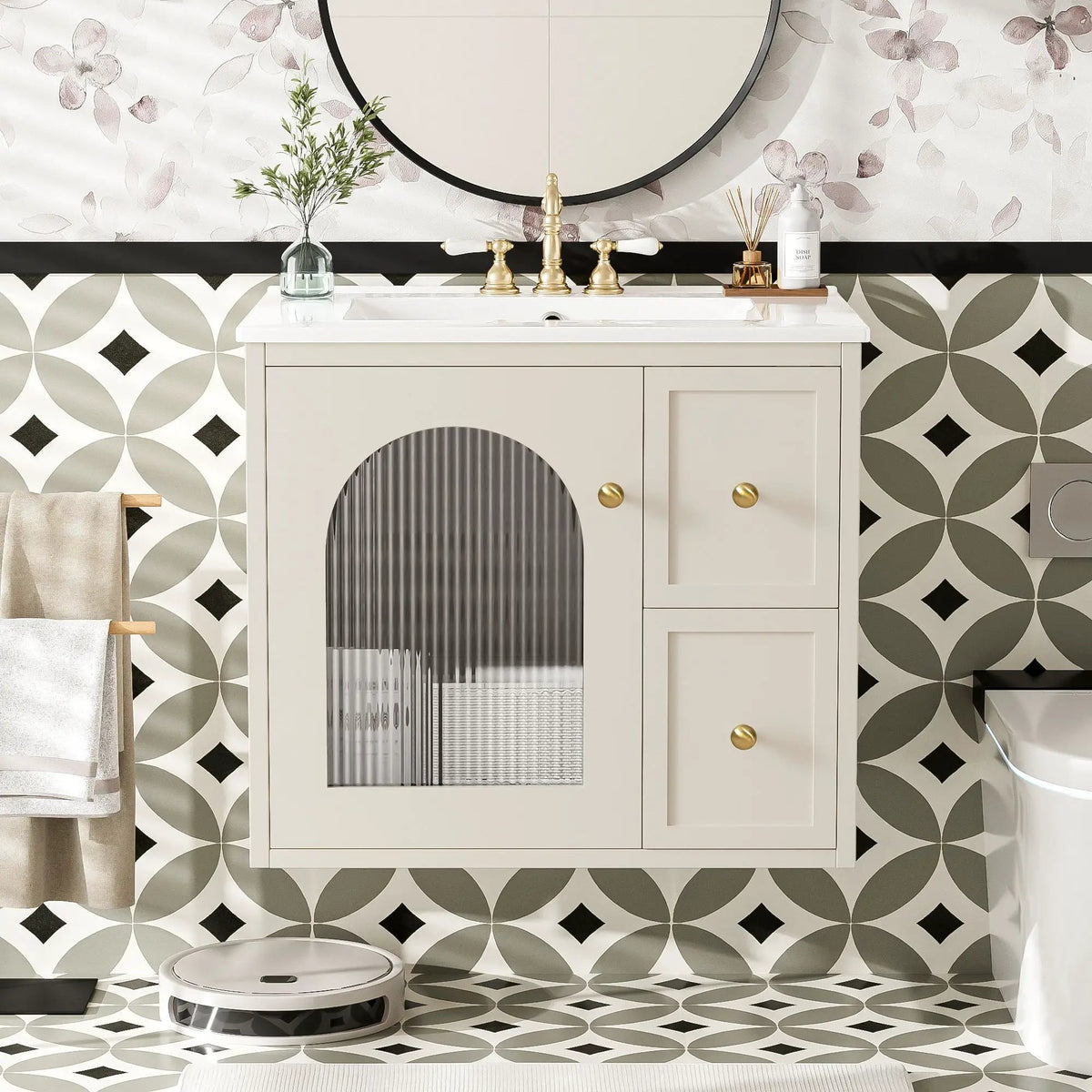 Wall-Mounted Bathroom Vanity Set | Sink Included | 2 Drawers | Soft-Close Glass Door Cabinet