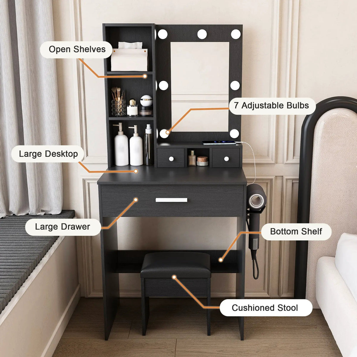 Vanity Table | LED Mirror | Power Outlet | Includes Stool