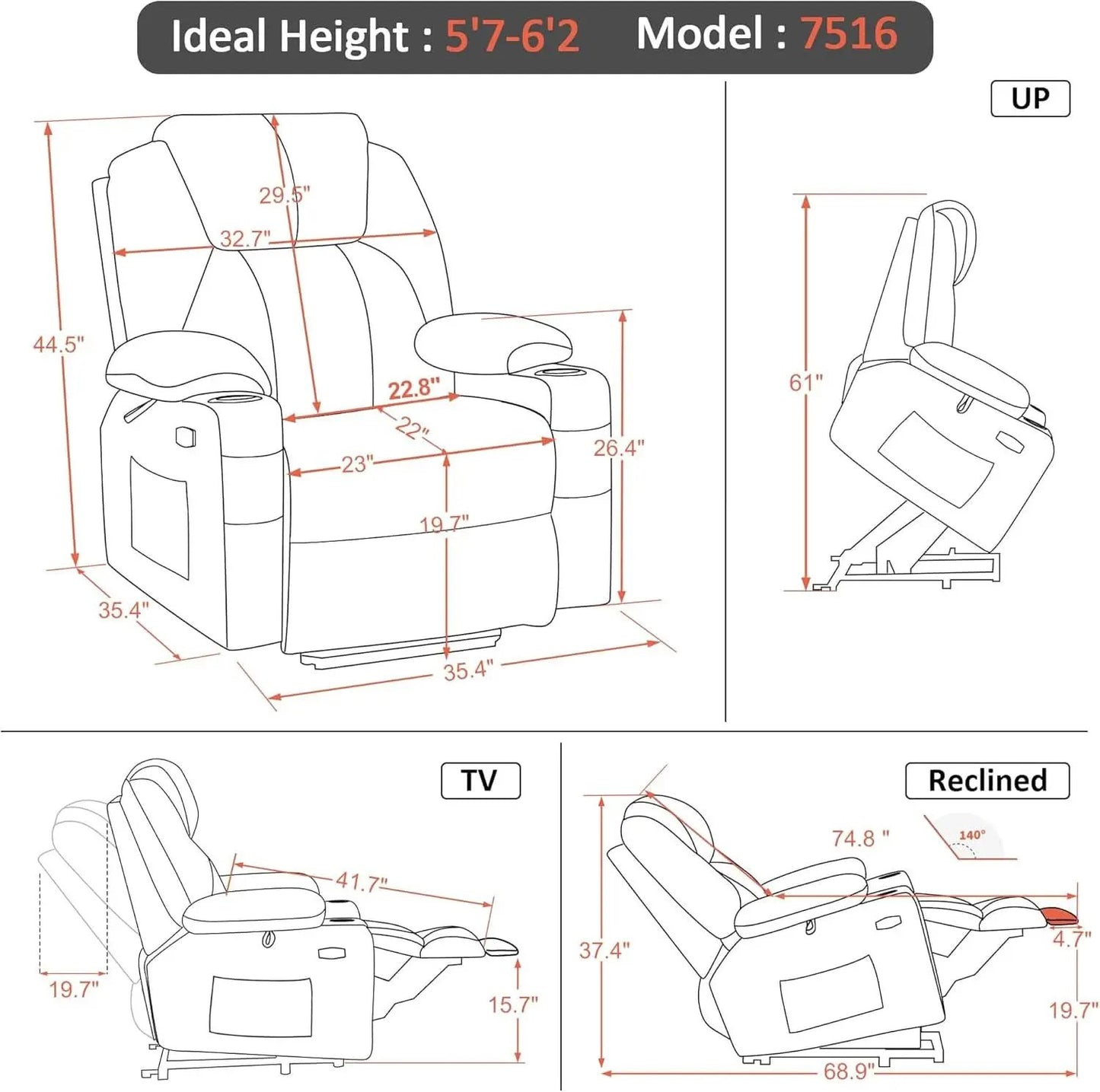 Large Power Lift Recliner With Massage And USB Sangria from PriceLows™