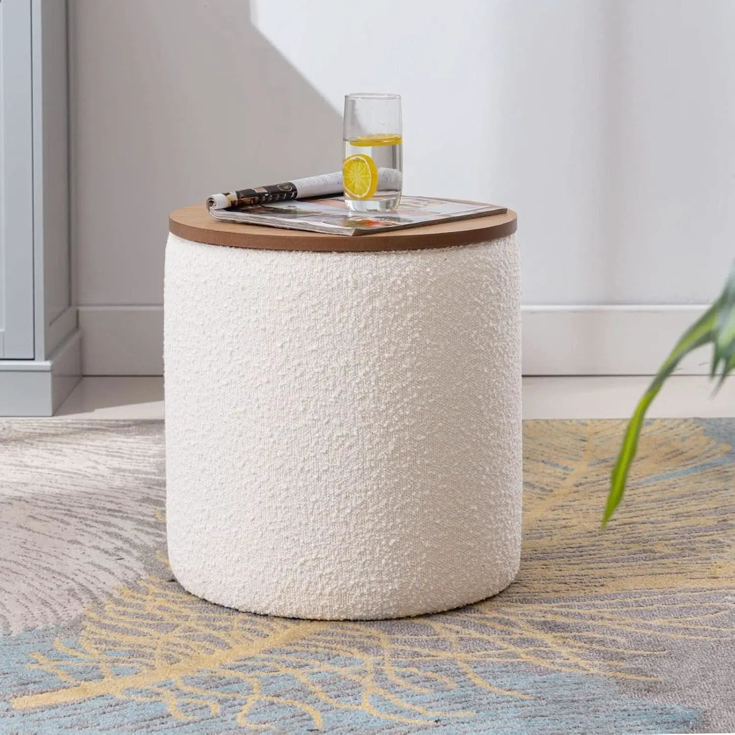 Circular Storage Ottoman Sixteen Inch White Boucle from PriceLows™