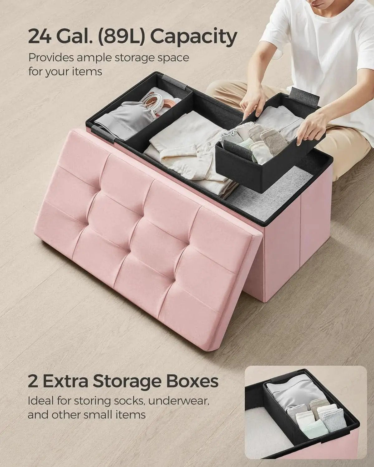 Jelly Pink Foldable Storage Ottoman Bench 15x30x15 from PriceLows™