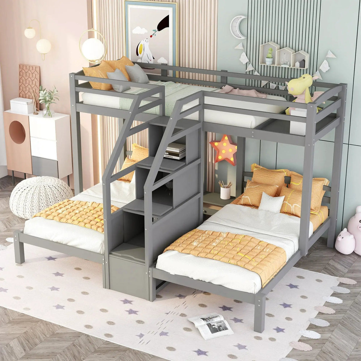Twin Over Twin Bunk Bed | Built-In Staircase With Drawers | Upper Storage Shelf | Gray