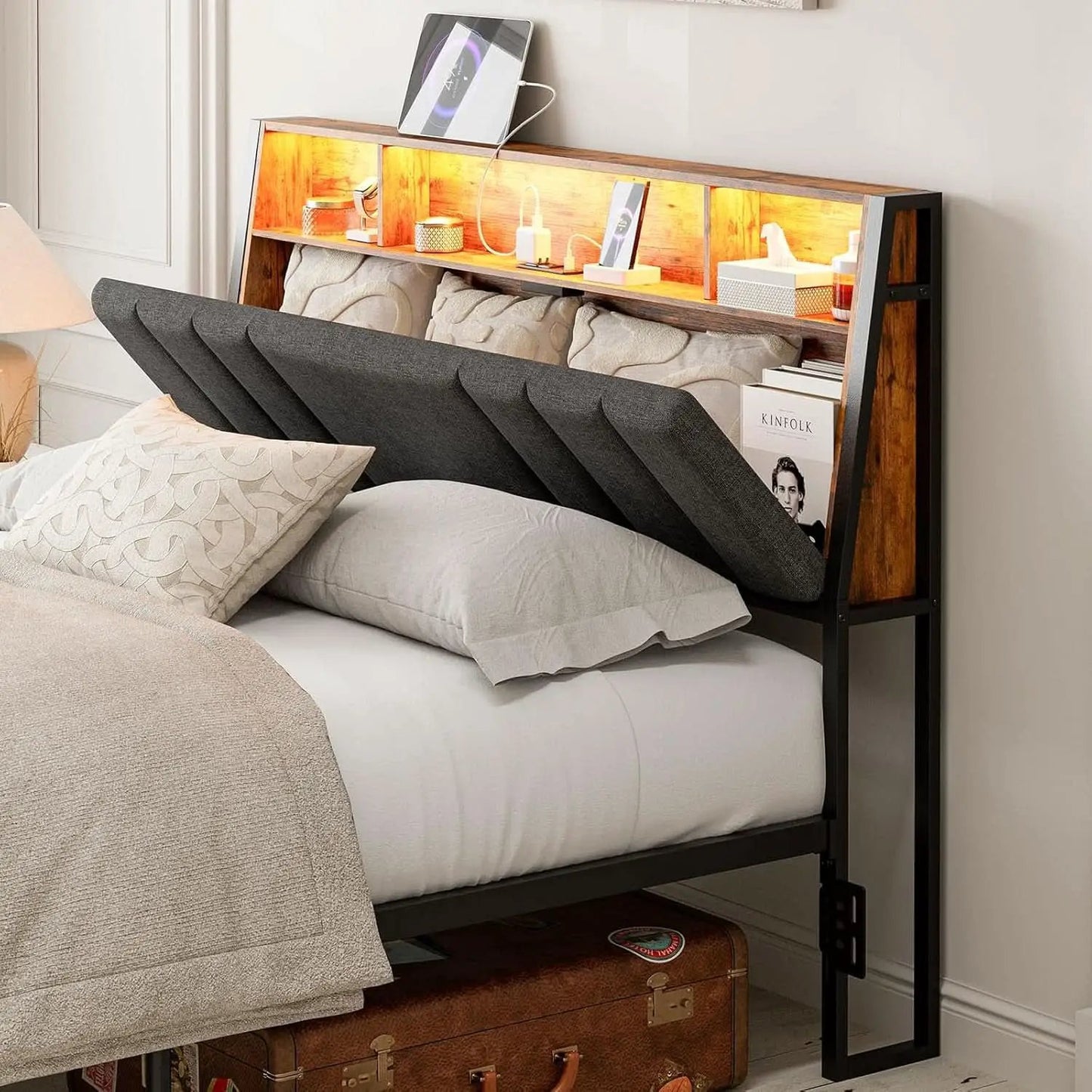 Ergonomic Queen Size Headboard with LED Lights Storage from PriceLows™