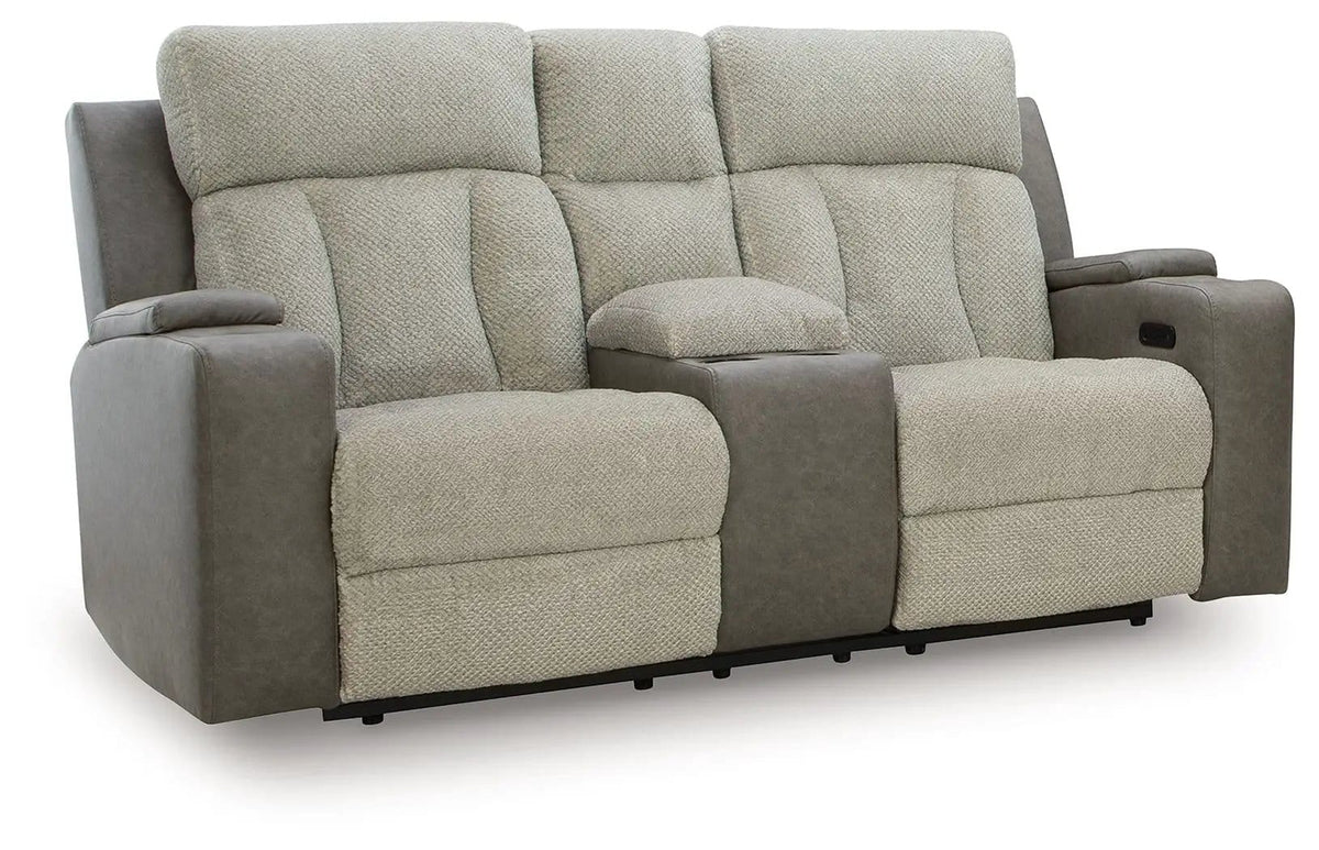 WhipLash Power Reclining Loveseat With Console / Adj Headrest | 76 x 39 x 43 in | Faux Leather & Polyester | Sisal
