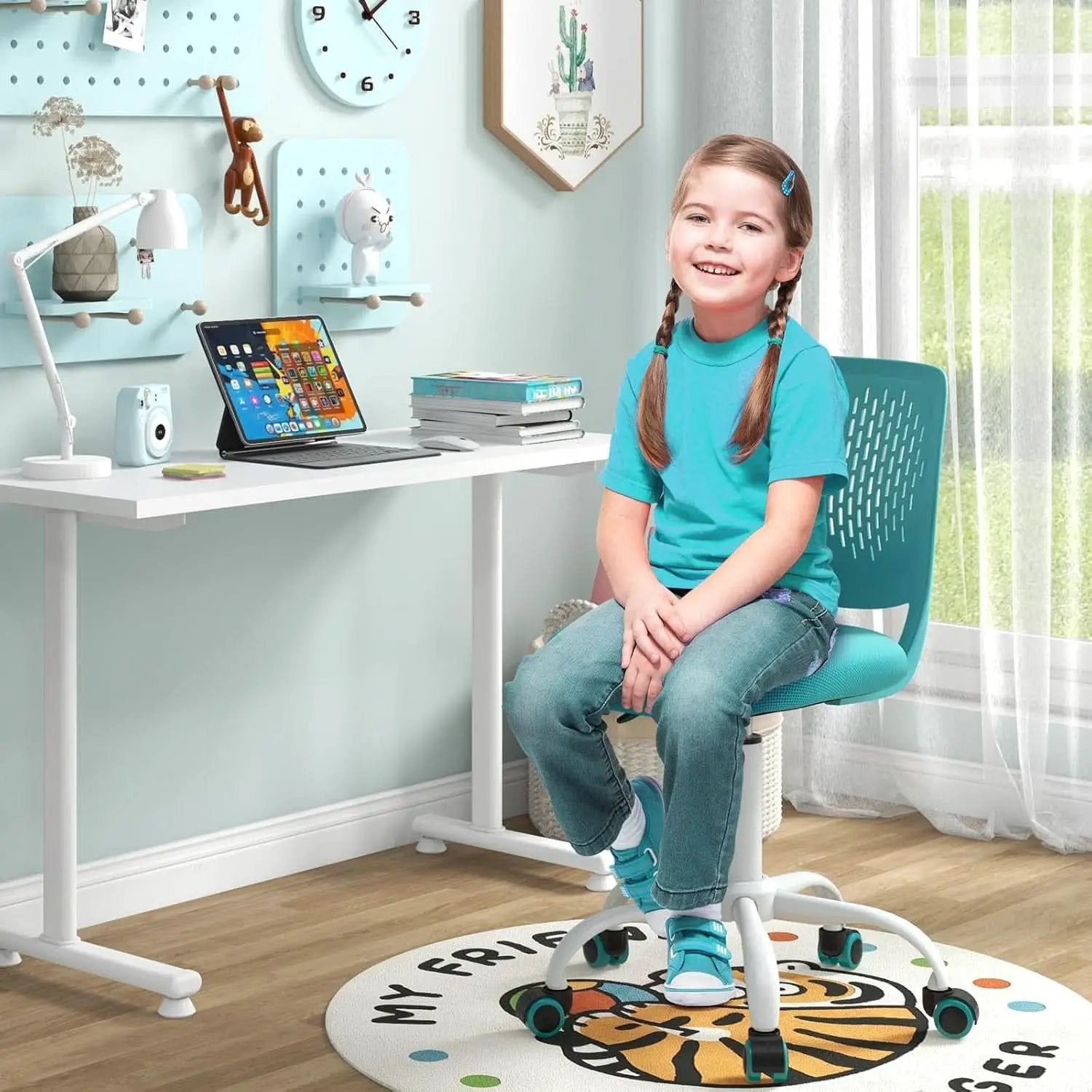 Turquoise Height Adjustable Kids Desk Chair With Lumbar Support from PriceLows™