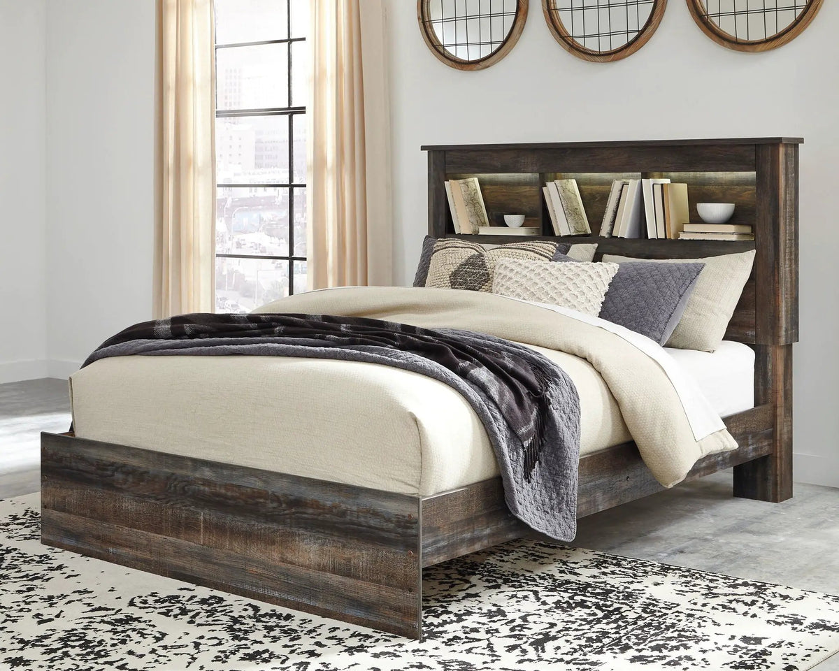 Drystan Panel Bookcase Bed | Storage Headboard | Rustic Industrial Style | 85 Inch Length
