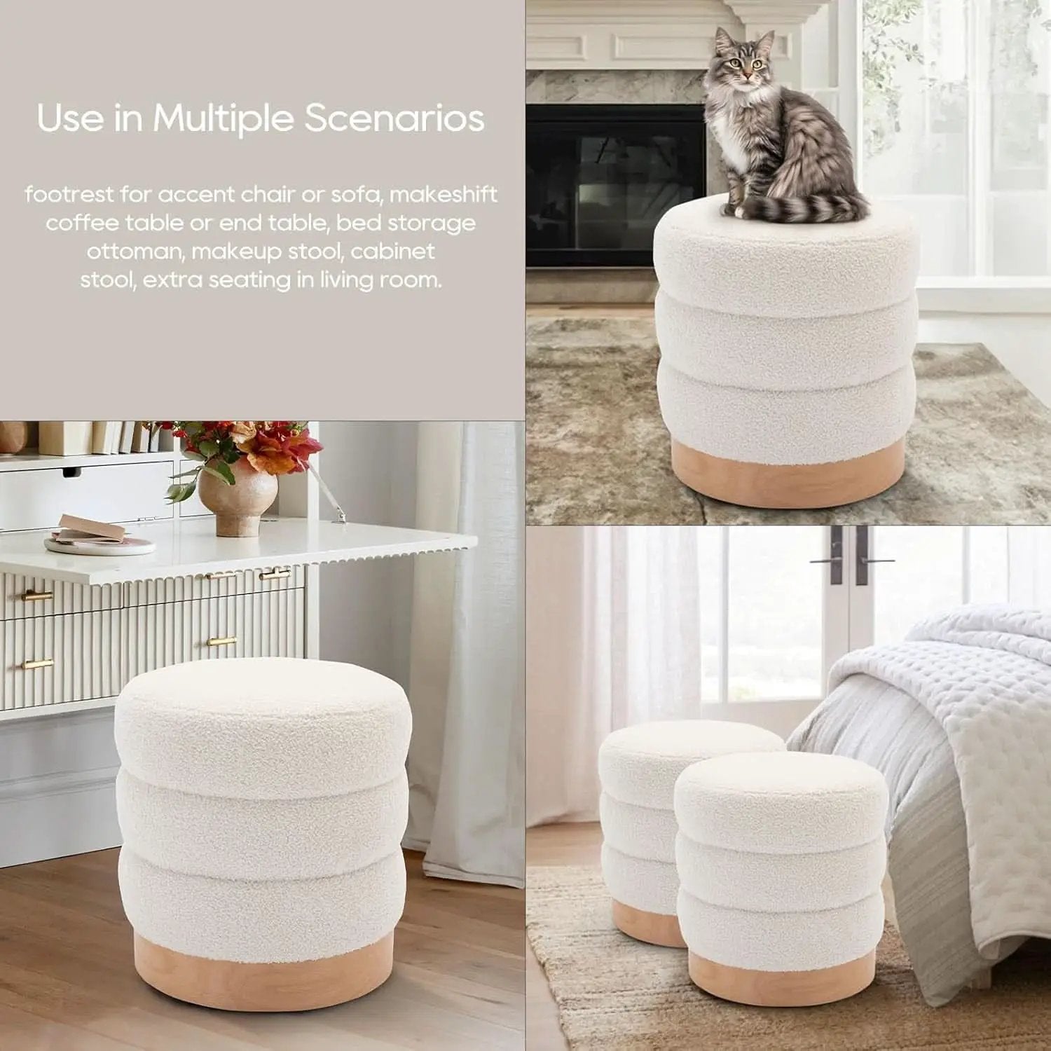 Cream Tufted Sherpa Ottoman Footstool Round Cushion from PriceLows™
