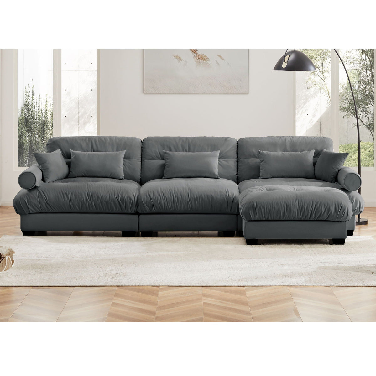 Modular Sectional Sofa | Deep Comfort Cushions | Vintage Fabric Ottoman