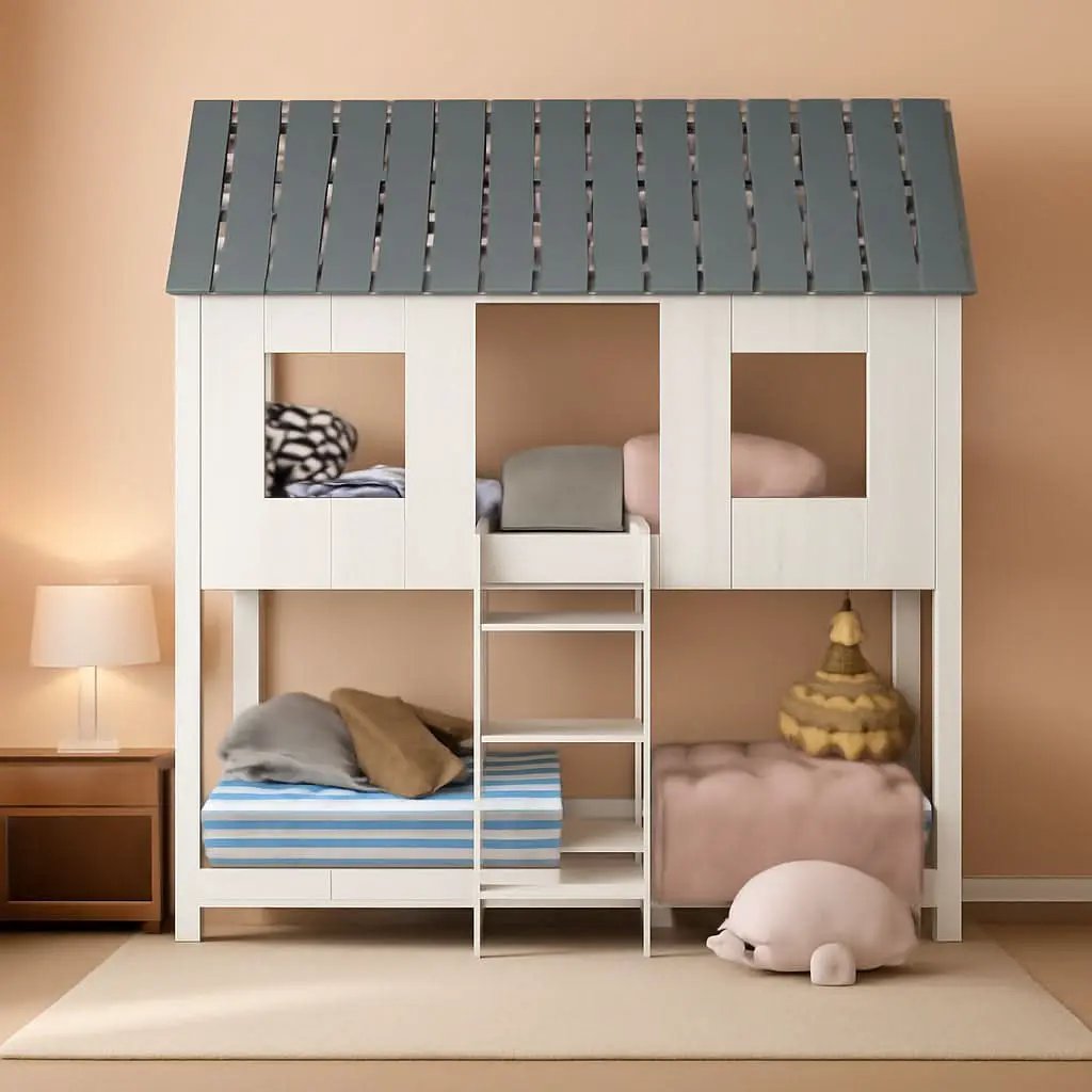 Twin House Bunk Bed With Playhouse White And Gray Finish from PriceLows™
