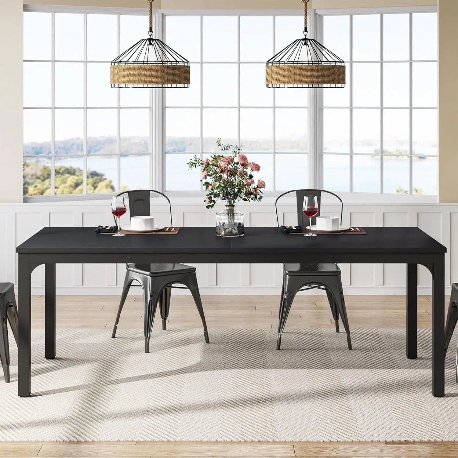 Black 78 Inch Rectangle Dining Table For 6 To 8 People from PriceLows™