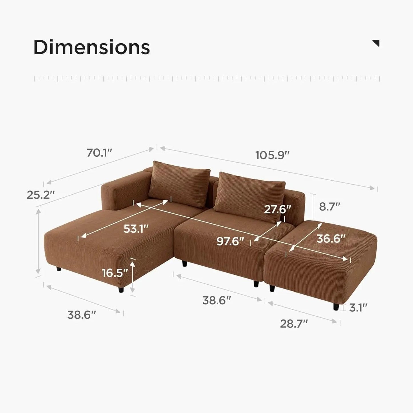 Corduroy Sectional Sofa Orange Brown L Shaped Chaise from PriceLows™