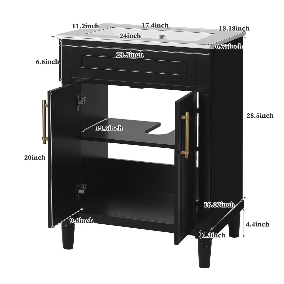 24 Inch Bathroom Vanity | Integrated Sink | 2 Door Cabinet | Small To Medium Bathrooms