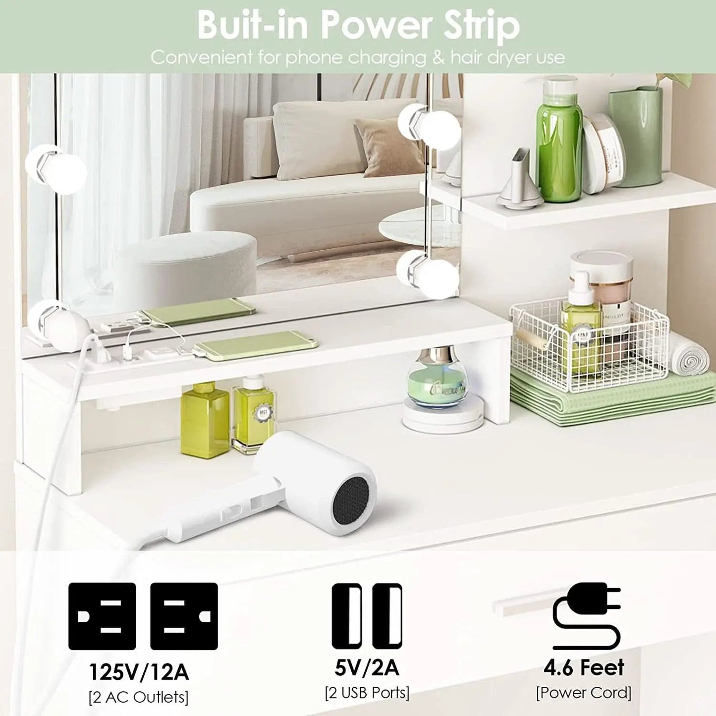 White Vanity Set With Lighted Mirror And Built In Power from PriceLows™