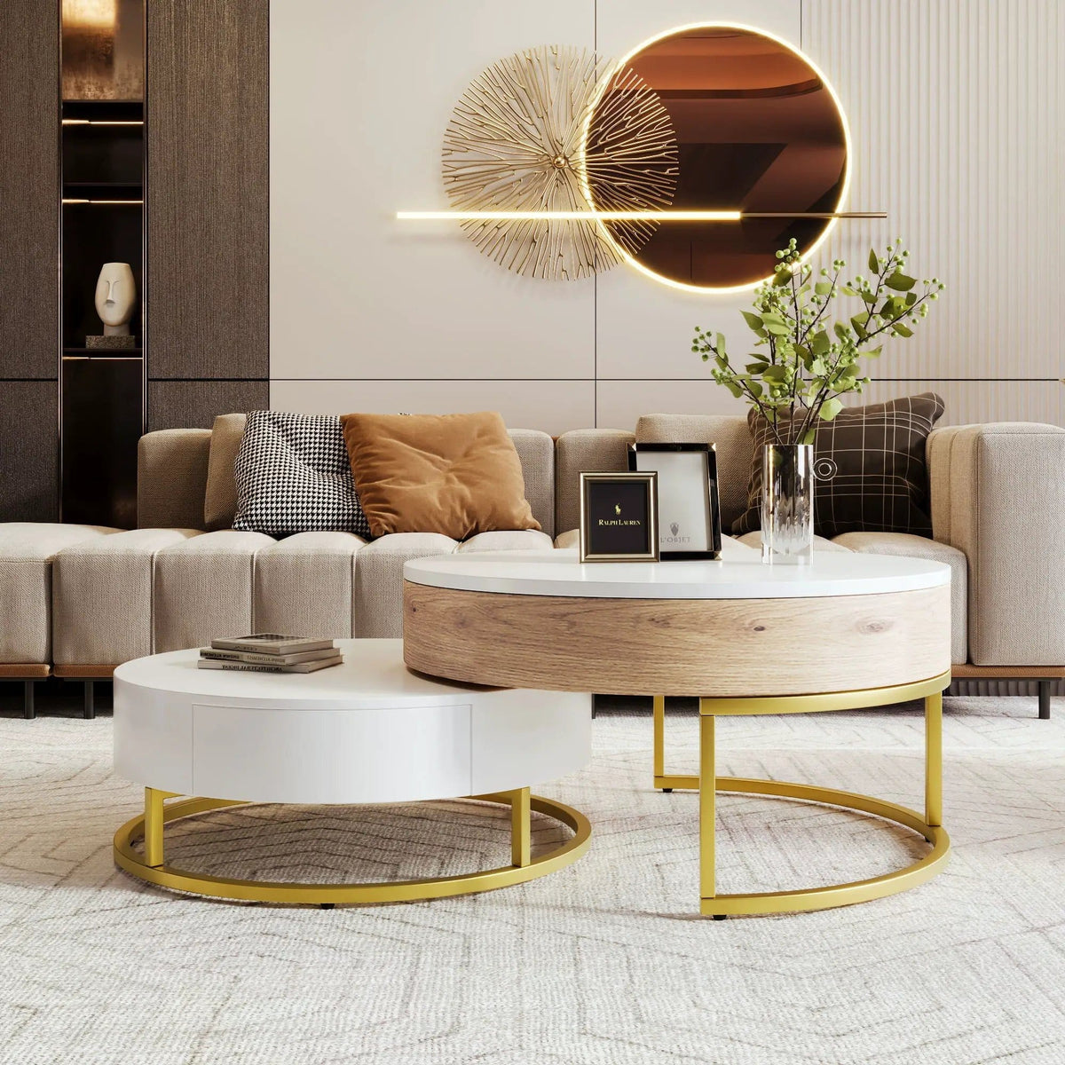 Modern Round Lift-Top Nesting Coffee Tables With 2 Drawers | 31.5 x 31.5 x 15.7 in | Metal | Living Room