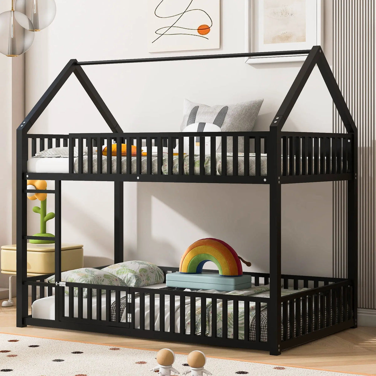 Metal House Bunk Bed | Twin Size | With Fence and Built-In Door