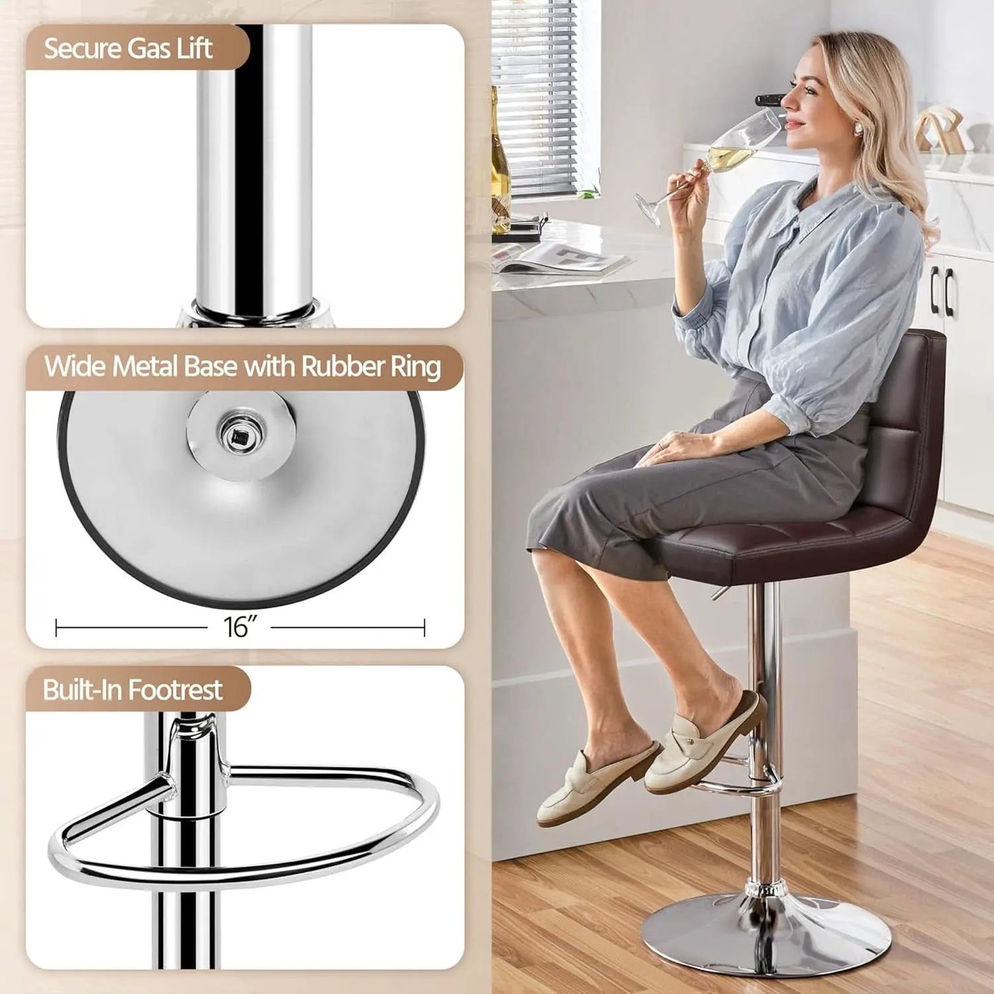 Bar Stools Set Of 2 Adjustable PU Leather Swivel Brown from PriceLows™