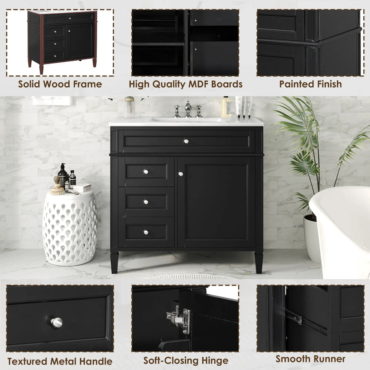 36 Inch Bathroom Vanity With Top Sink | 3 Drawers | Metal Drawer Slides | Ceramic Sink