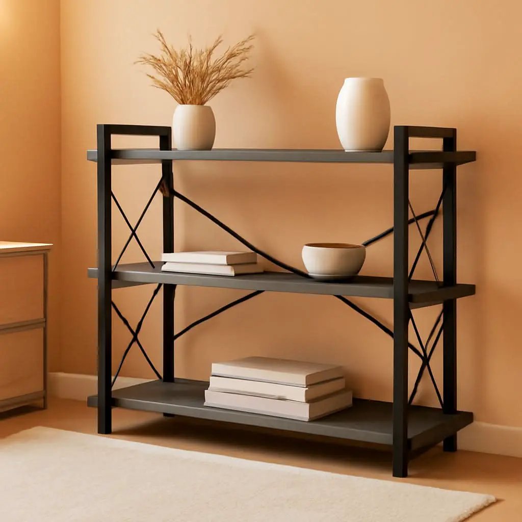 Three Tier Industrial Bookshelf With Rustic Open Metal Frame from PriceLows™