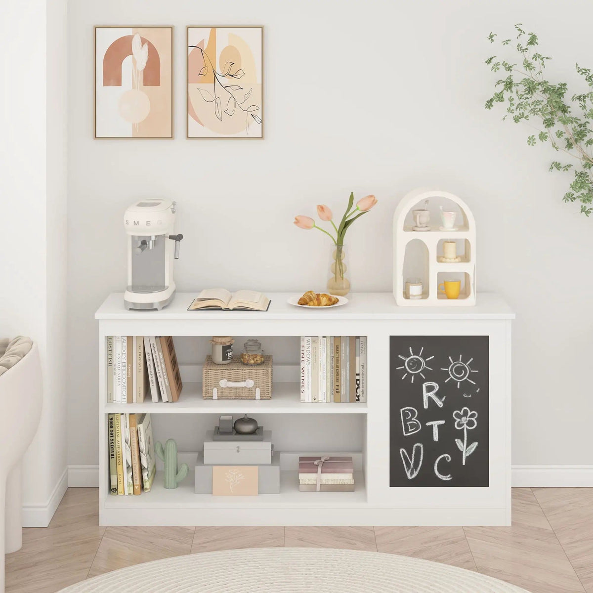 3 In 1 Bookshelf And Toy Storage Cabinet With Chalkboard, Organizer For Playroom | 46.65 x 11.81 x 23.62 in | Home Office Furniture | White