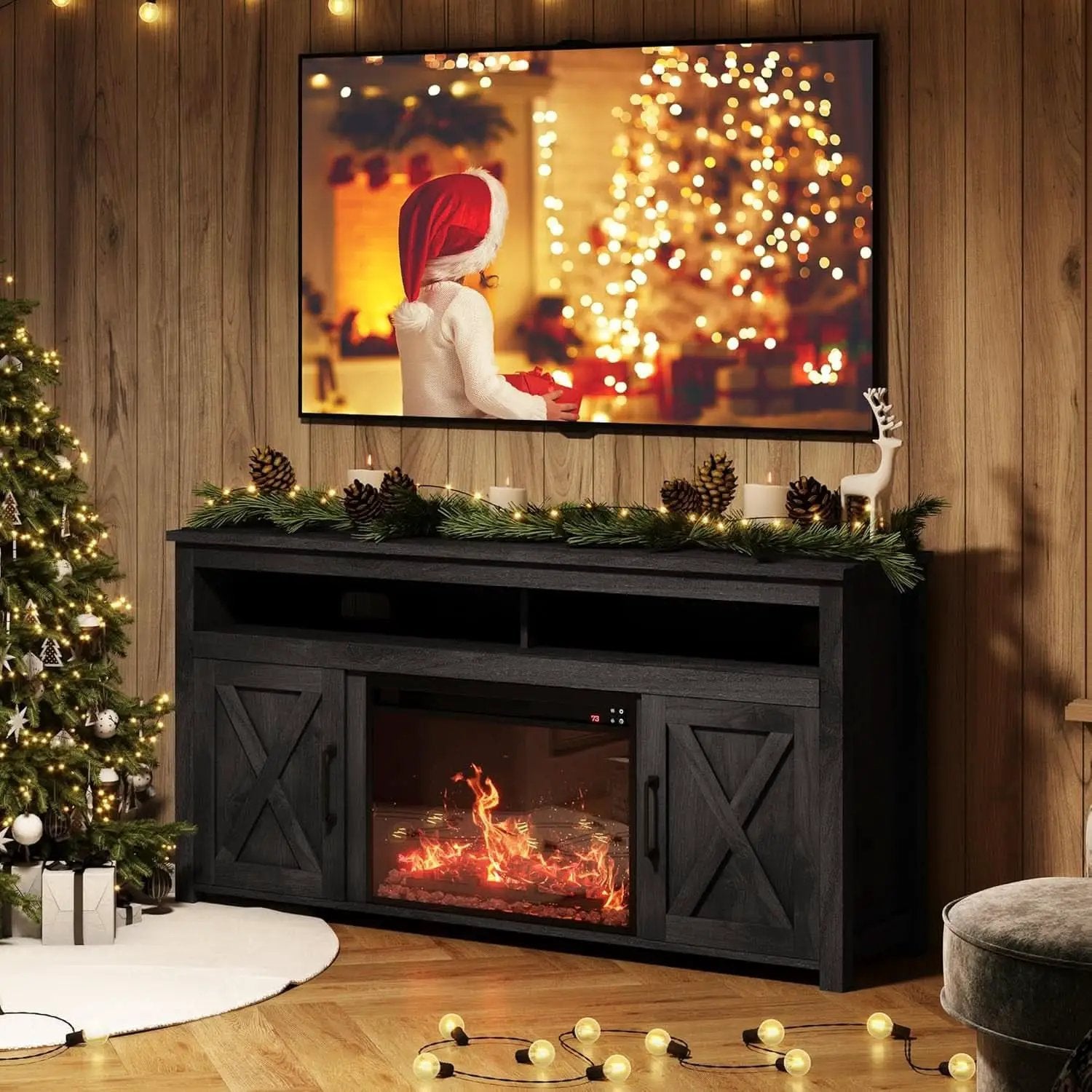 58 Inch Farmhouse TV Stand With Electric Fireplace Grey from PriceLows™