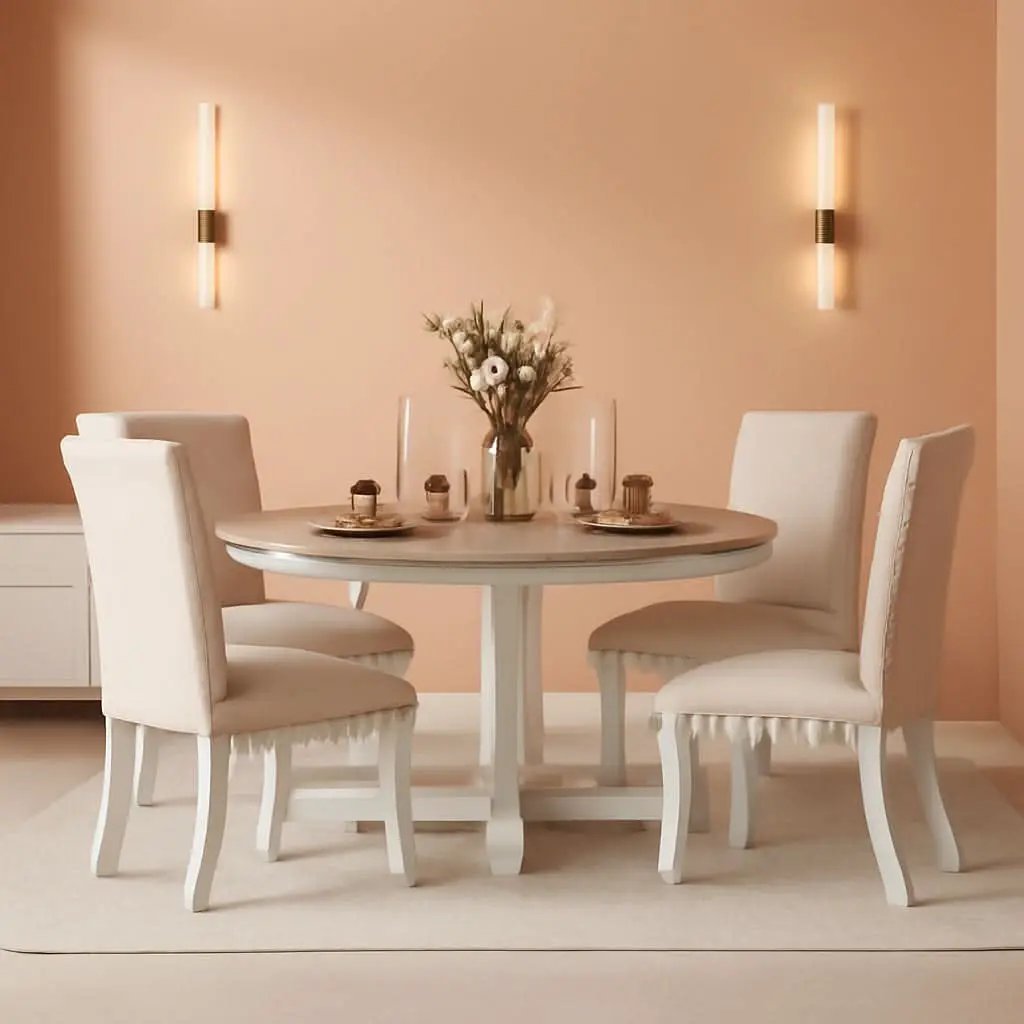 Farmhouse Round Extendable Dining Table Set Oak Finish with Upholstered Chairs from PriceLows™