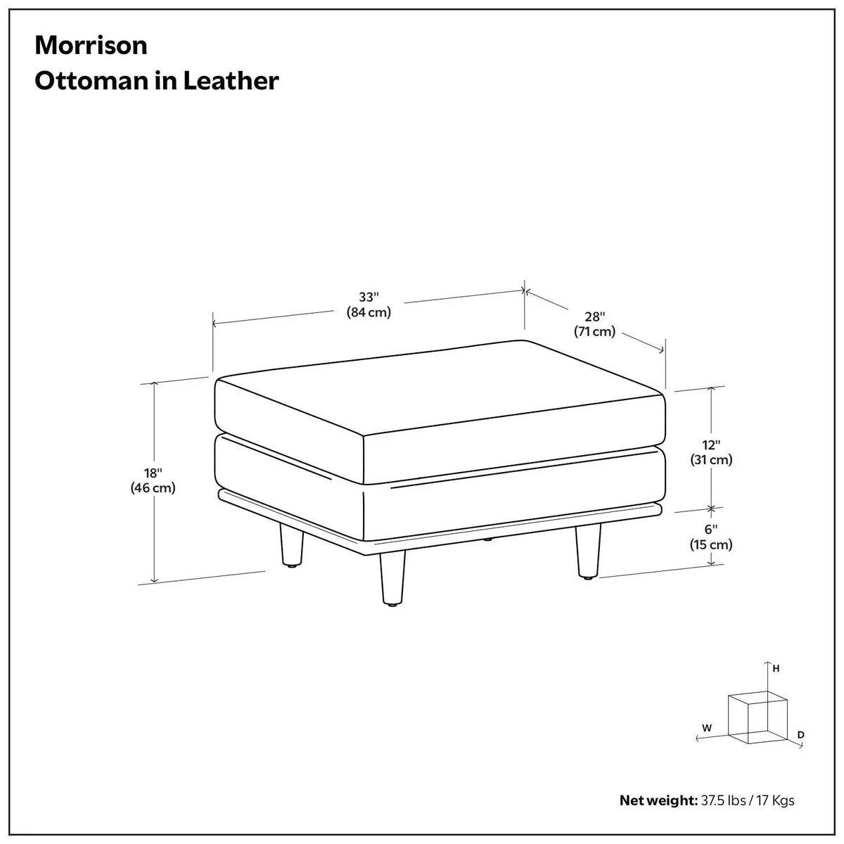 Morrison Handcrafted Ottoman | Mid-Century Modern Styling | Corner-Blocked Frame | 33 Inch Width