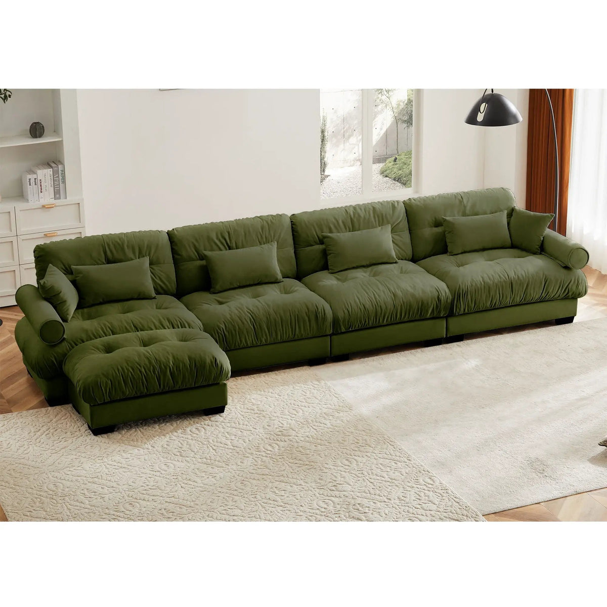 Modular Sectional Sofa | Deep Comfort Cushions | Vintage Fabric Ottoman