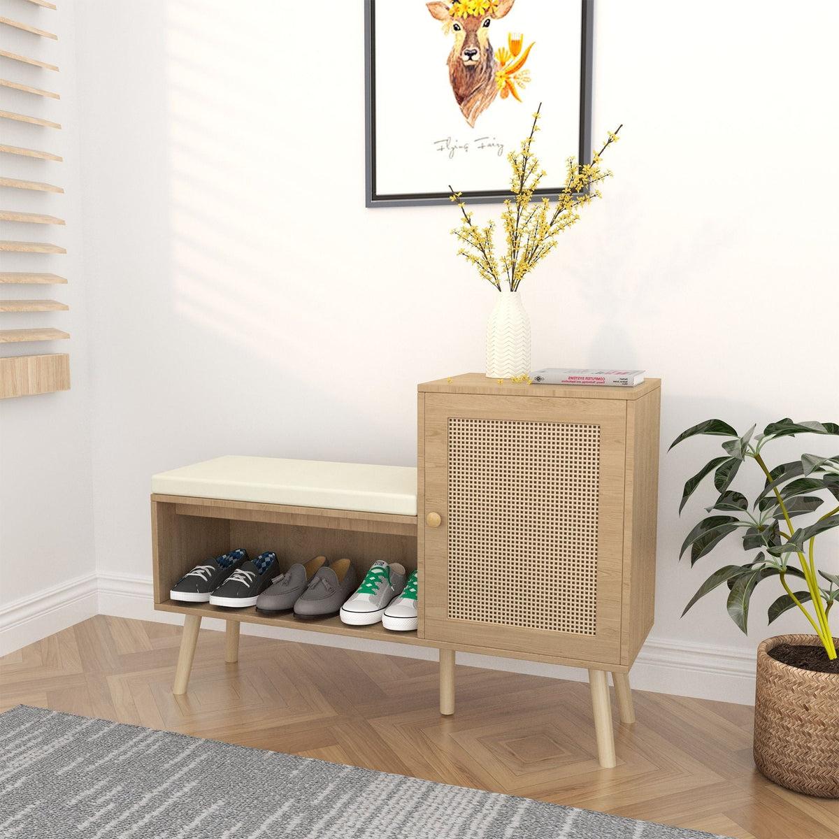 Shoe Storage Bench | Adjustable Shelves | Washable Seat | Natural Rattan
