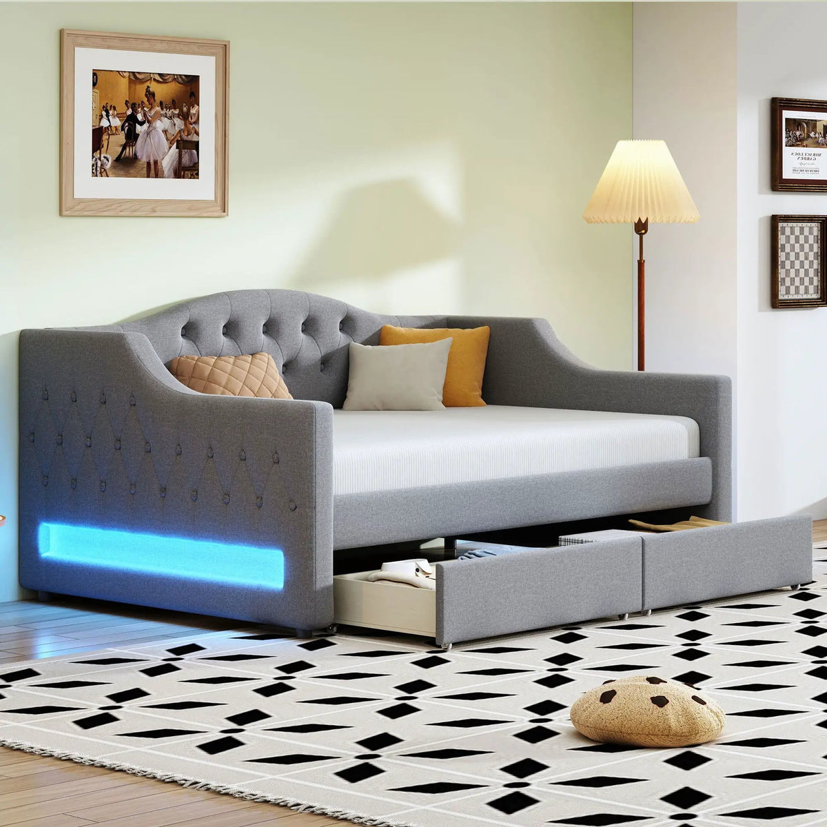 Daybed With LED Lights | Upholstered Trundle Daybed | Thickly Padded Sponge | 84 Inch Length