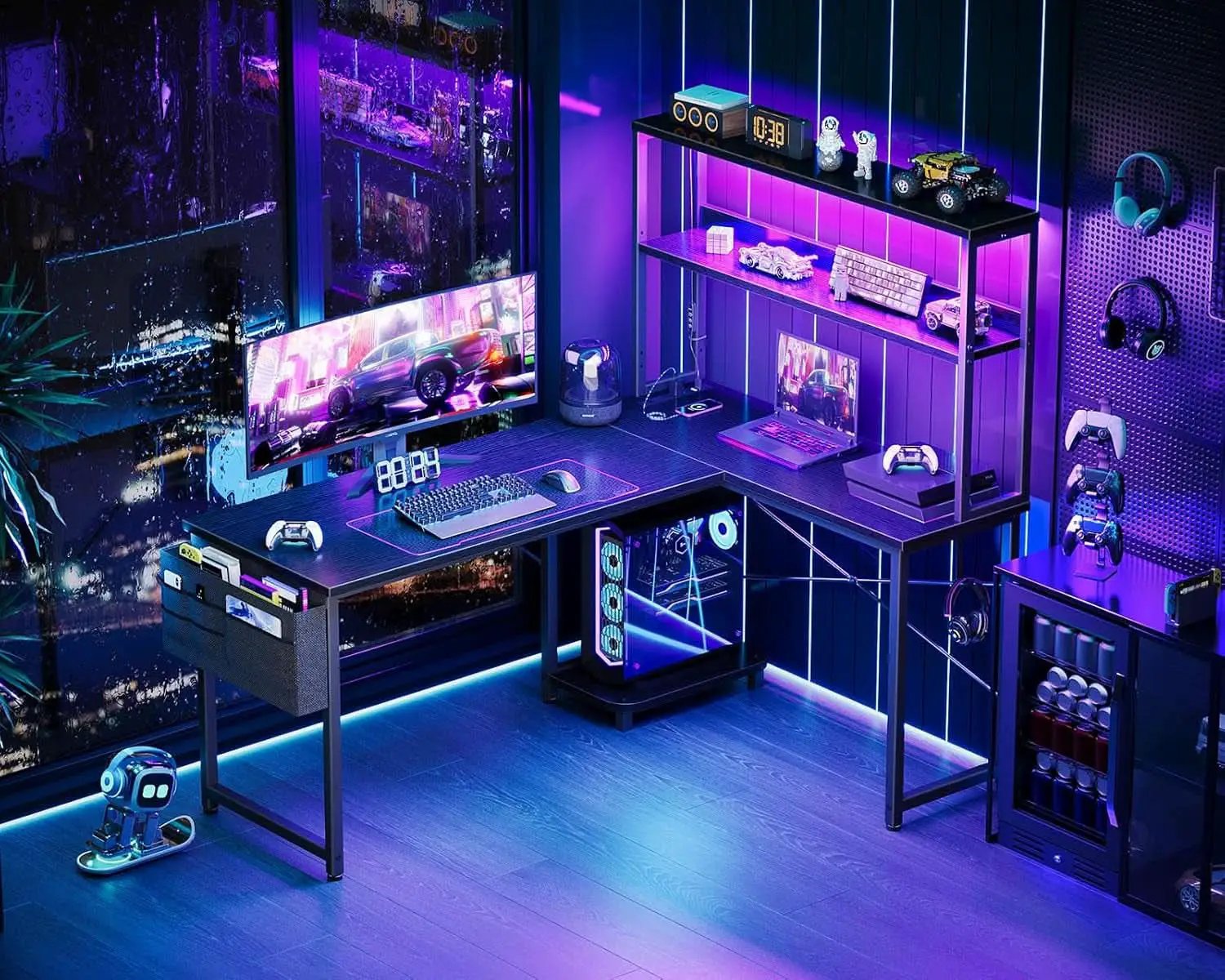 L Shaped Gaming Desk With LED Lights And Power Outlets from PriceLows™