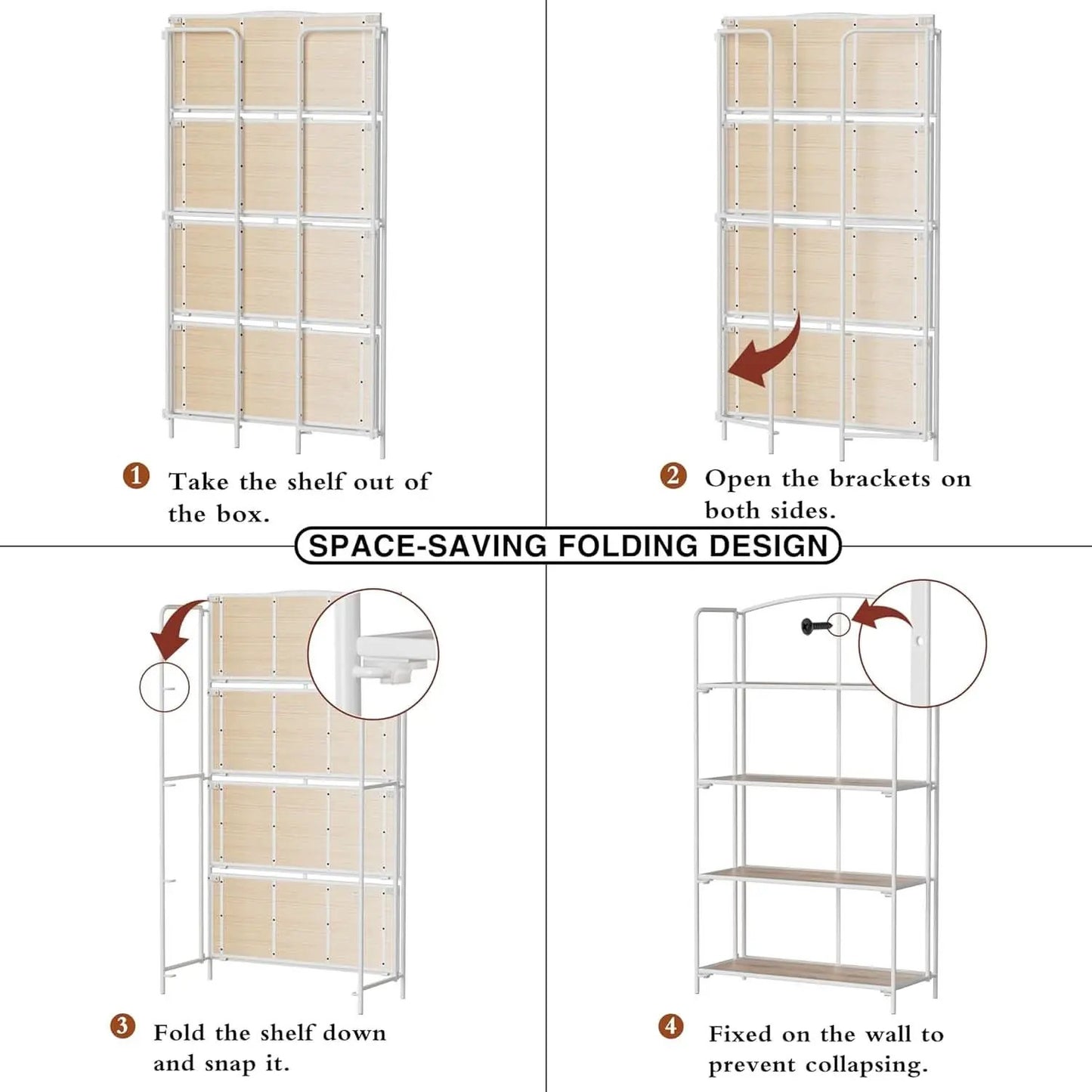 No Assembly Foldable Bookshelf 4 Tier White Bookcase from PriceLows™
