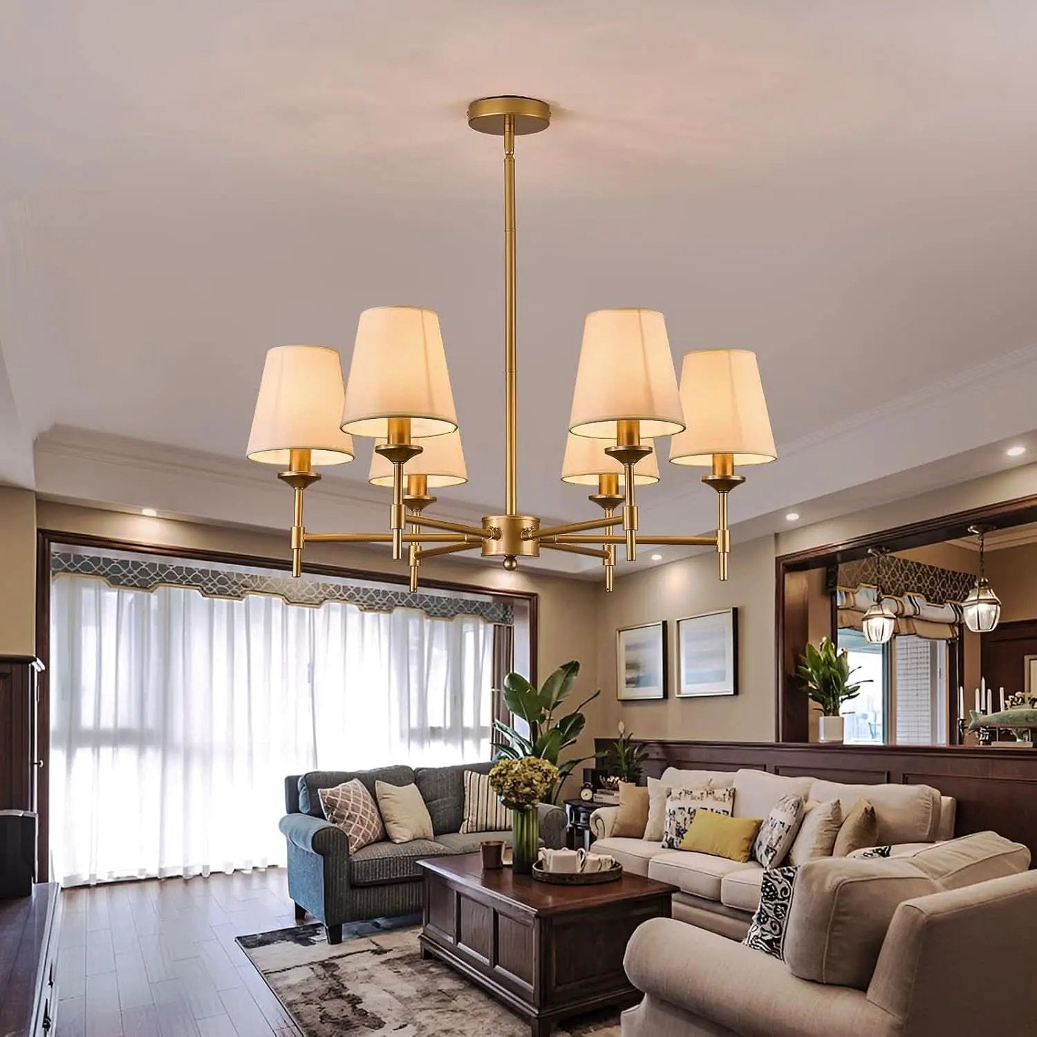 Gold Farmhouse Chandelier 6 Light Linen Shade Fixture from PriceLows™