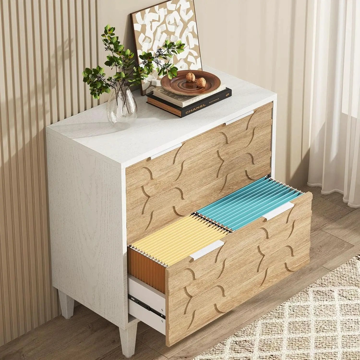 Two Drawer Lateral File Cabinet For A4 Letter And Legal Size Documents White And Walnut Printer Stand from PriceLows™